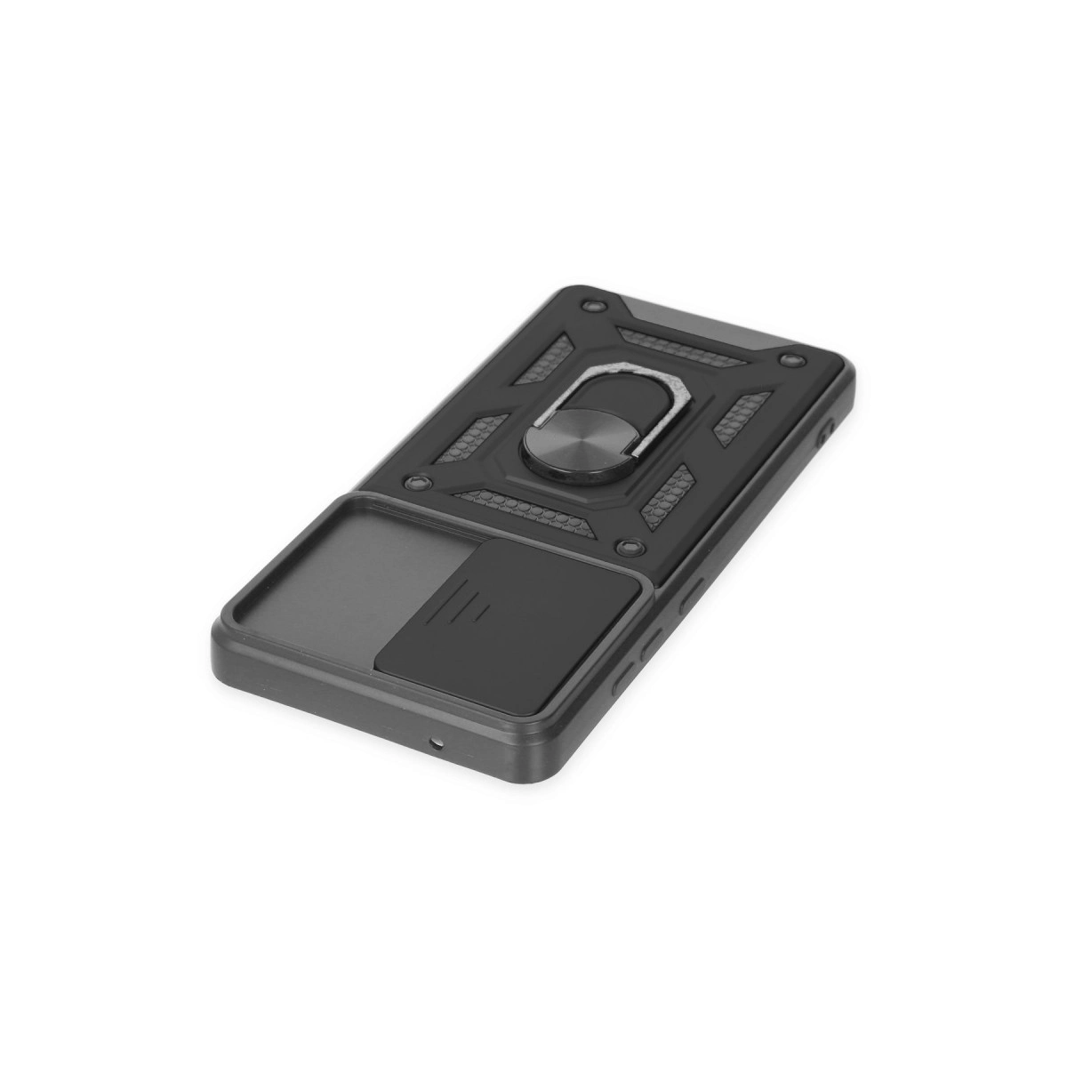 Halka tutuculu ve kayar kapaklı siyah telefon kılıfı beyaz arka planda.