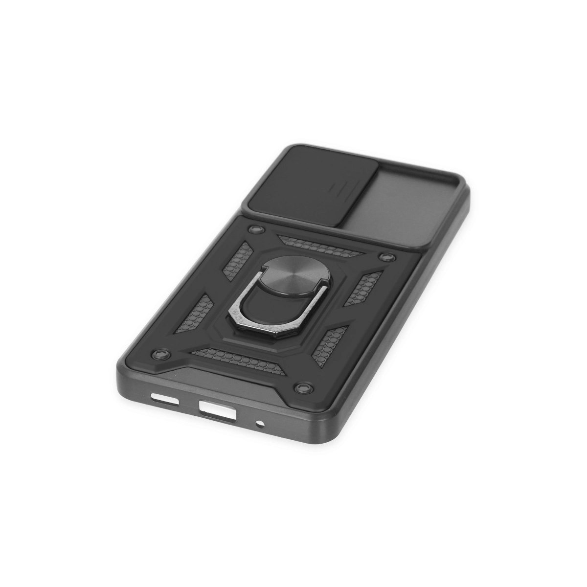 Halka tutuculu ve kamera sürgülü siyah telefon kılıfı.
