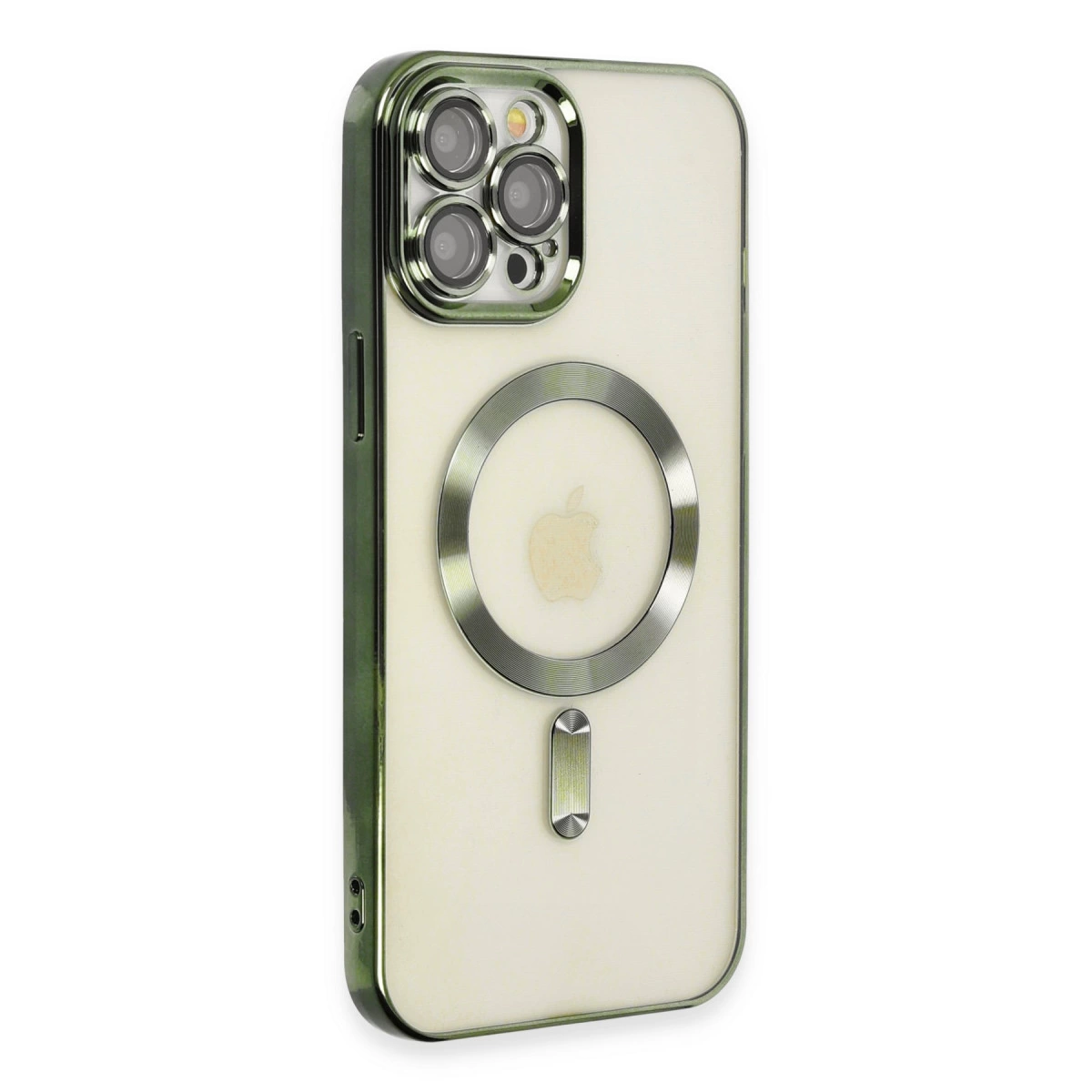Üç kameralı, manyetik halkalı ve Apple logolu yeşil iPhone kılıfı.