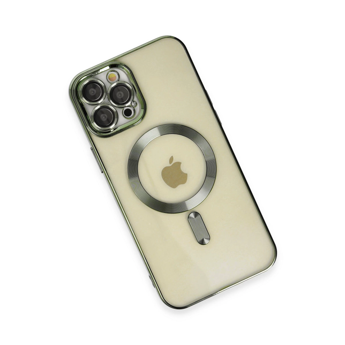 Beyaz arka plan üzerinde MagSafe halkası ve Apple logosu bulunan açık sarı iPhone.