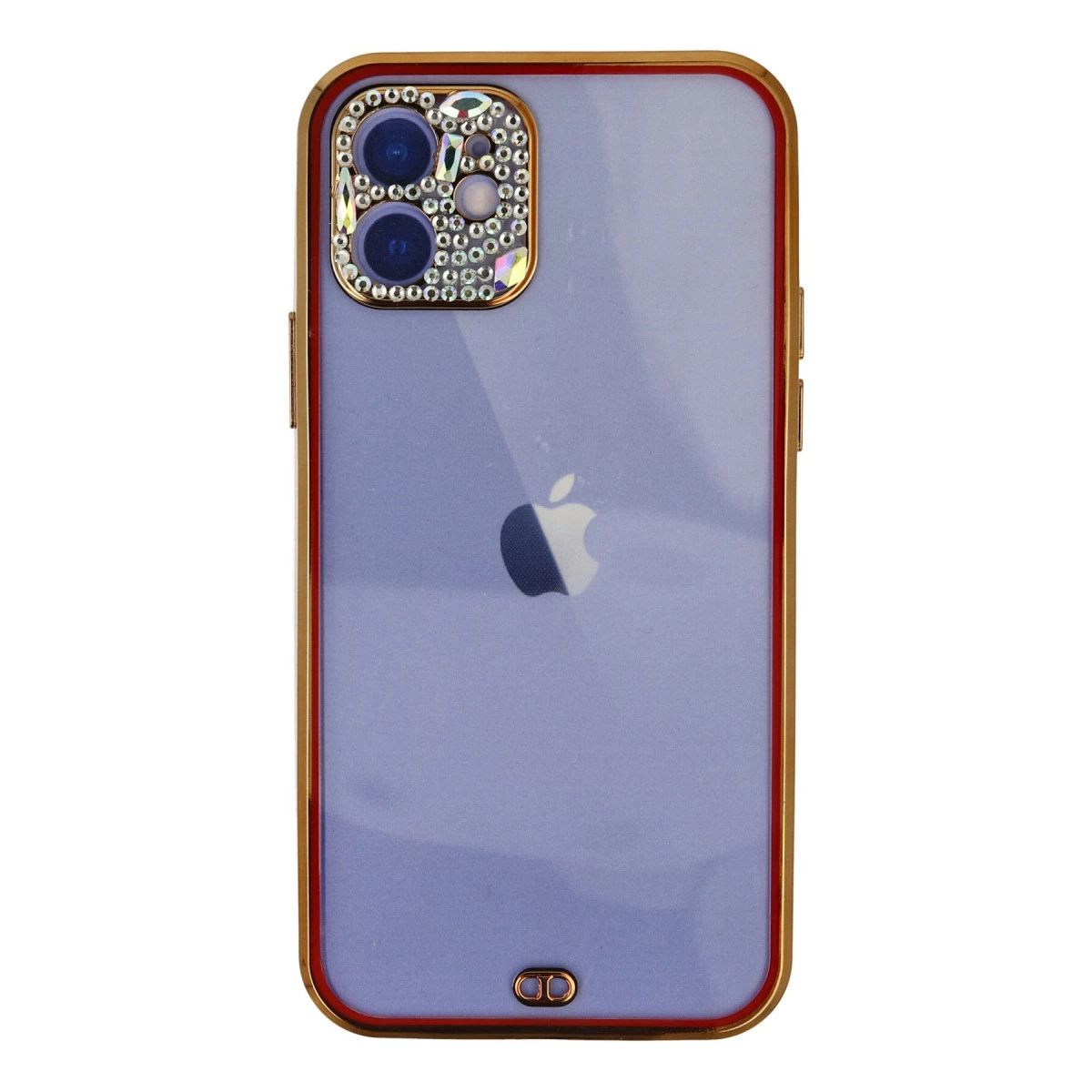 Altın çerçeveli ve kamera çevresinde taşlı mor iPhone kılıfı.