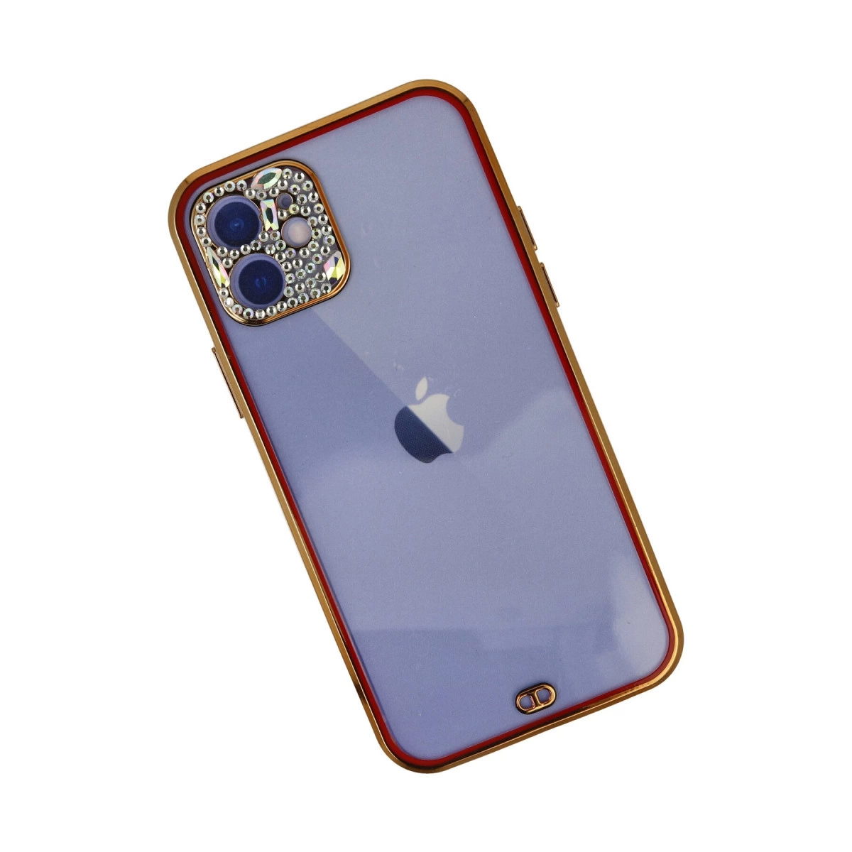 Altın kenarlı mor iPhone, kamera çevresinde taşlarla süslenmiş.