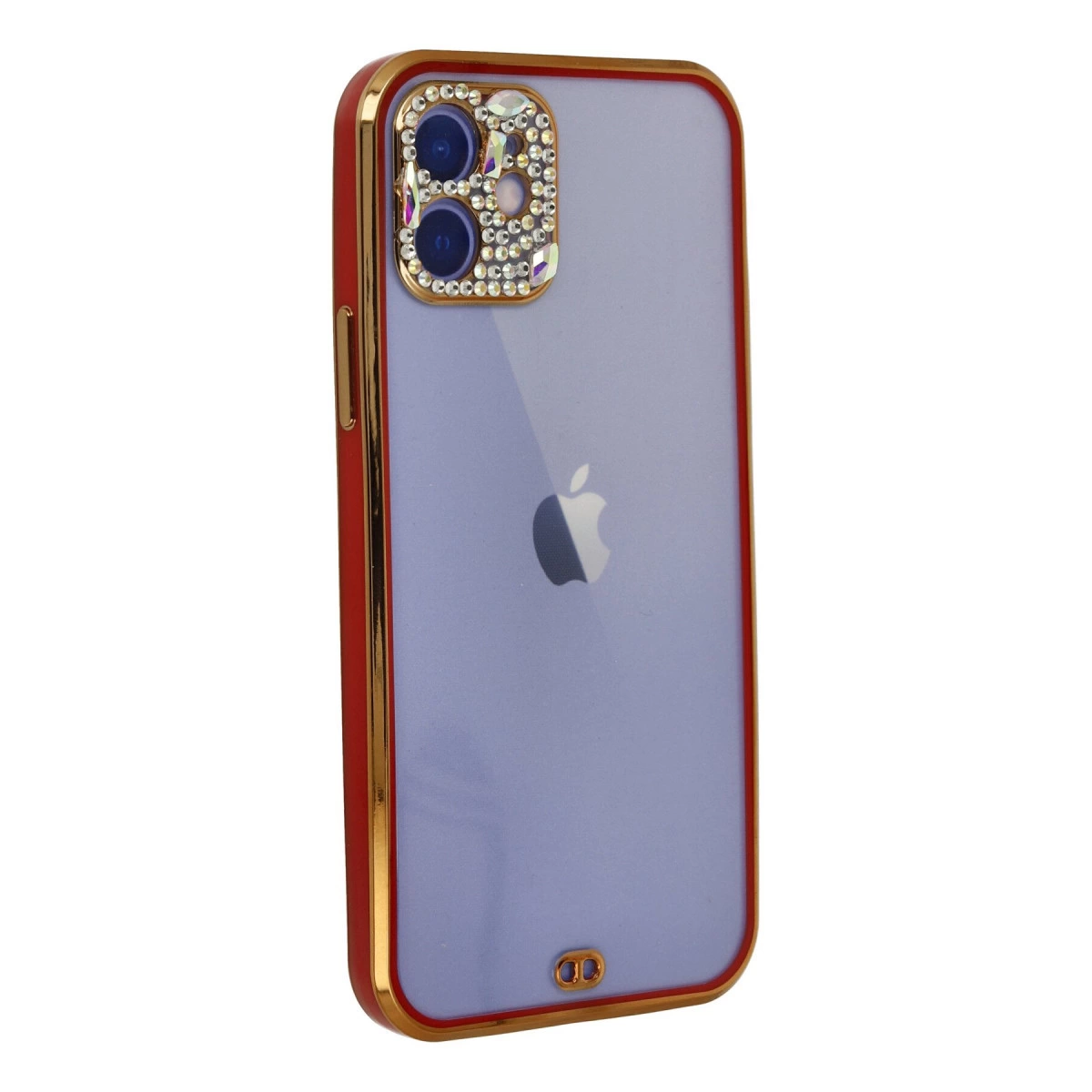Mor iPhone kılıfı, kırmızı ve altın kenarlı, taşlarla süslenmiş.