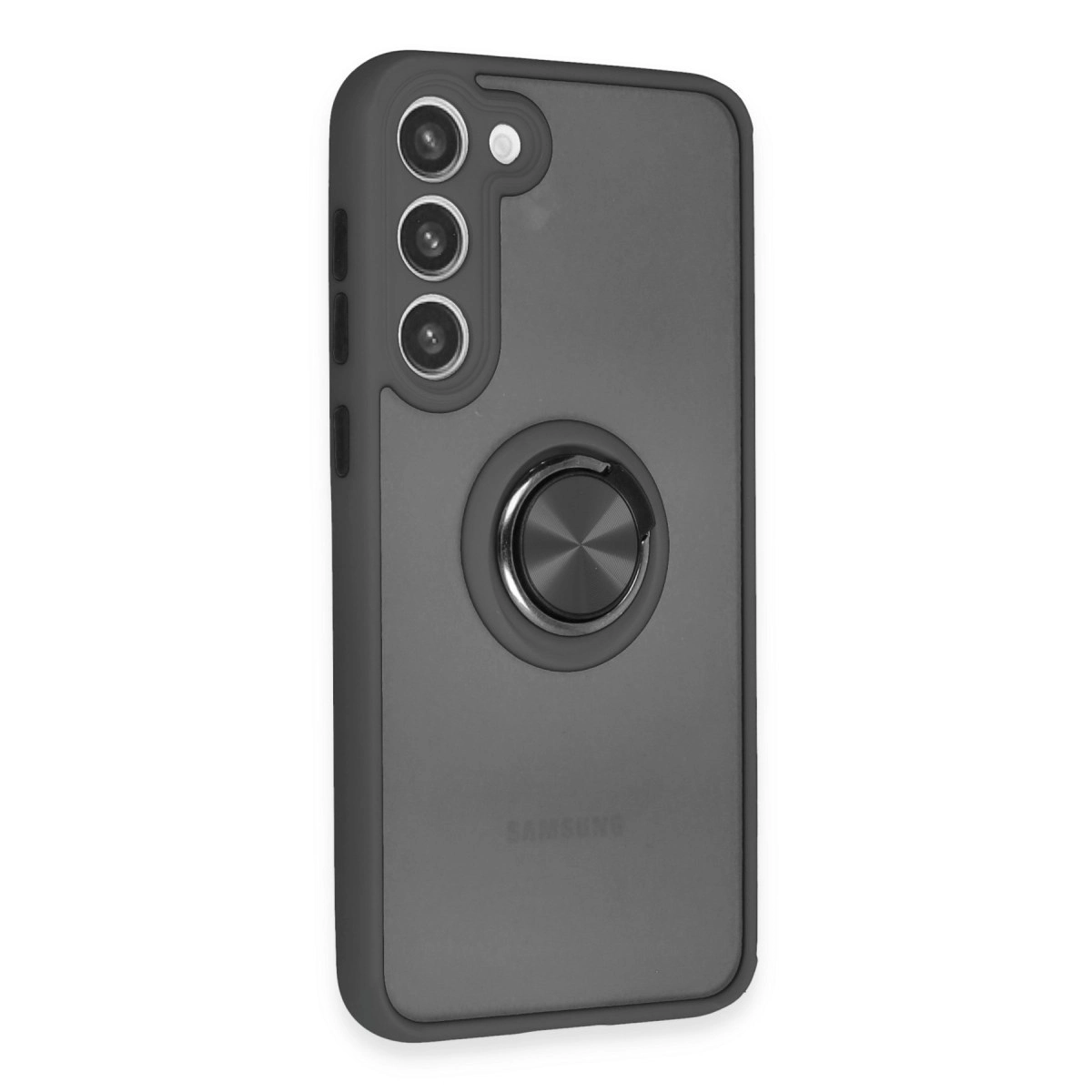 Halka tutuculu ve üç kamera lensli koyu gri telefon kılıfı.