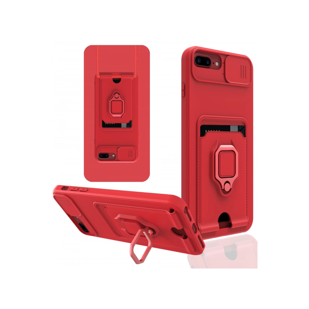 Kart yuvalı ve halka tutuculu kırmızı telefon kılıfı, üç açıdan gösterilmiştir.