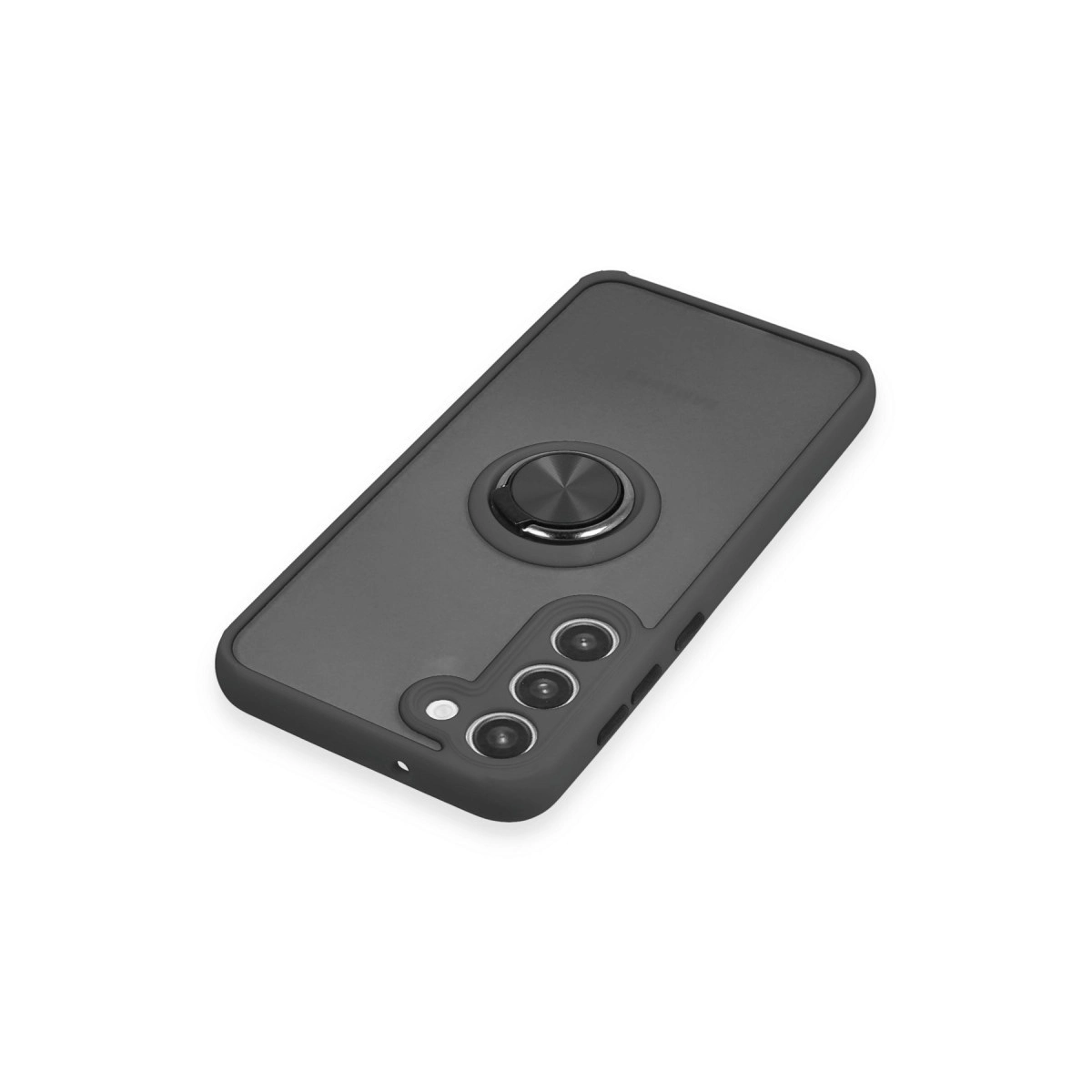 Halka tutuculu koyu gri telefon kılıfı, beyaz arka plan üzerinde.