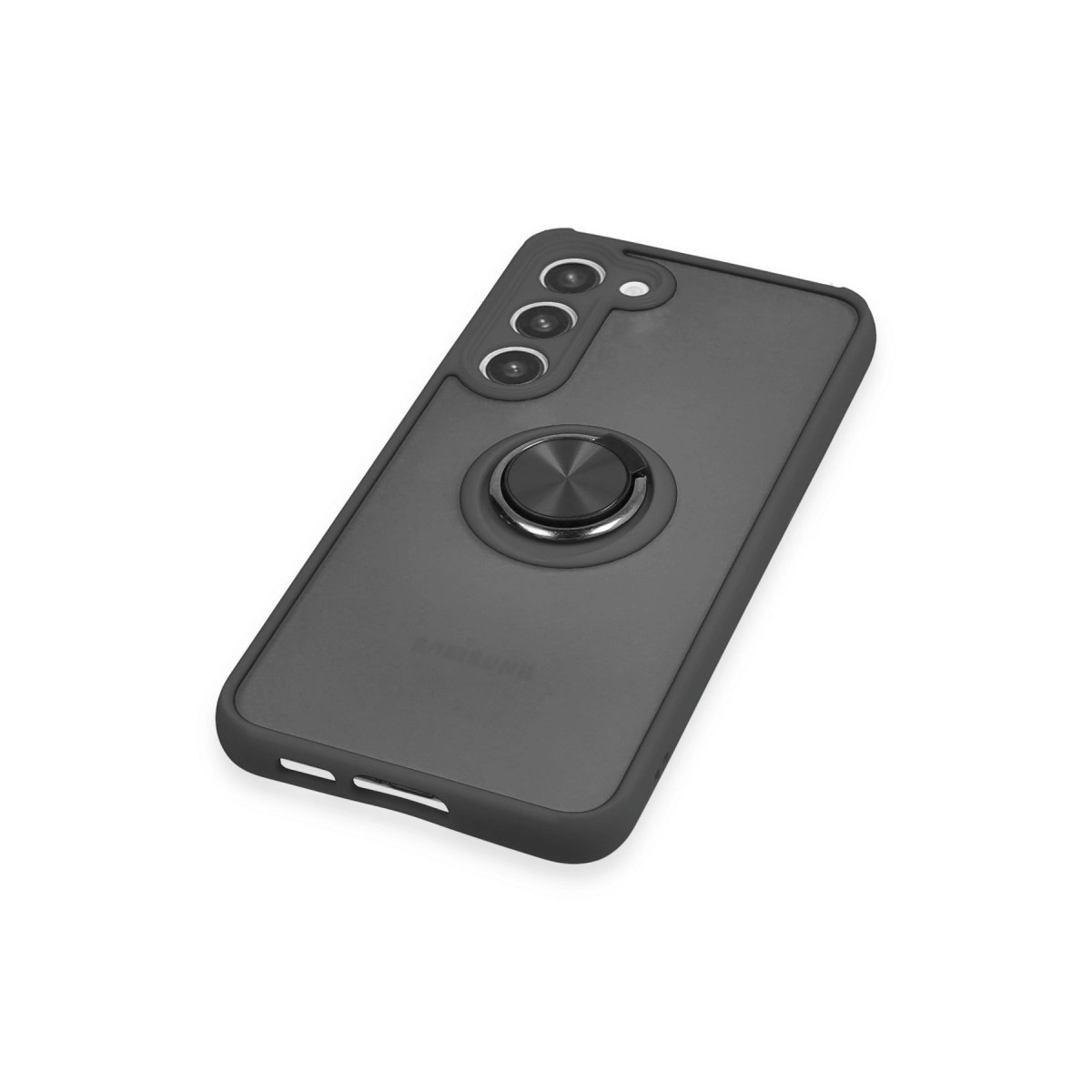 Arkada halka tutuculu ve üç kamera lensli koyu gri telefon kılıfı.