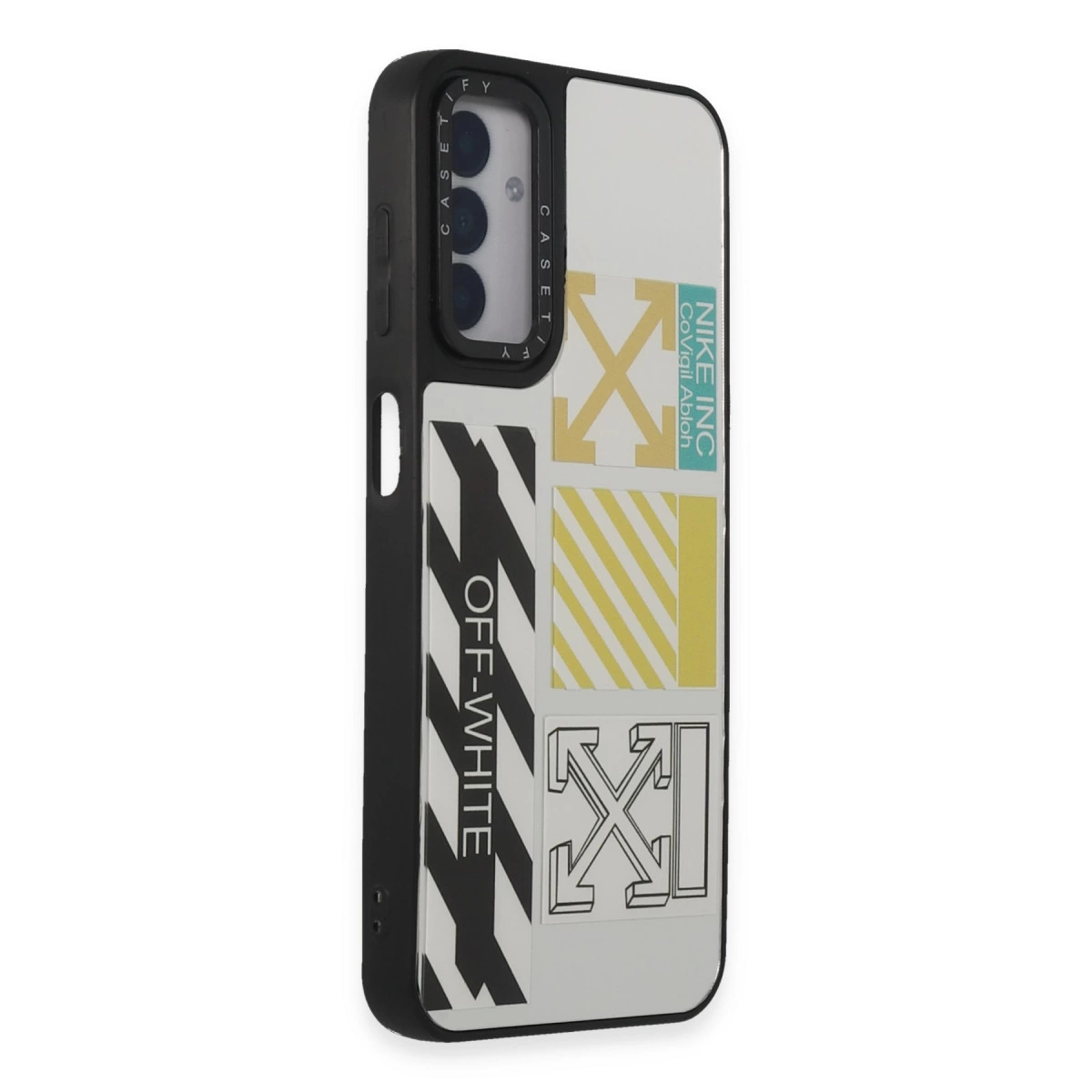Off-White ve Nike grafik tasarımlı siyah telefon kılıfı.