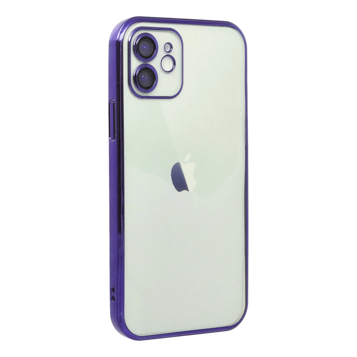 Mor kenarlı şeffaf iPhone kılıfı, çift lensli kamera sistemi.