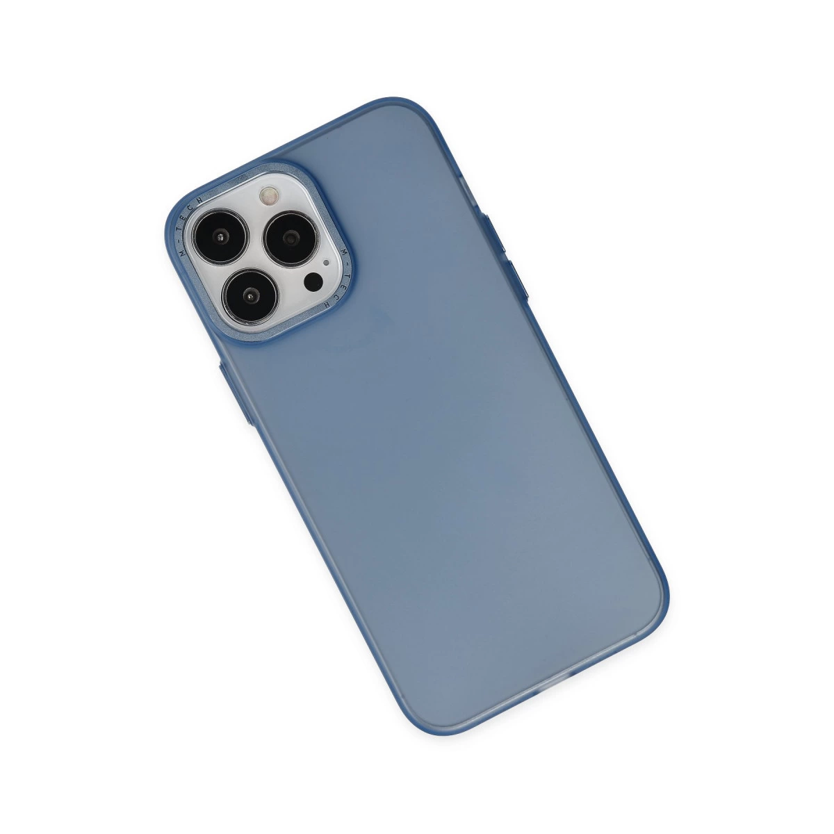 Beyaz arka plan üzerinde kamera kesimli mavi telefon kılıfı koruyucu.