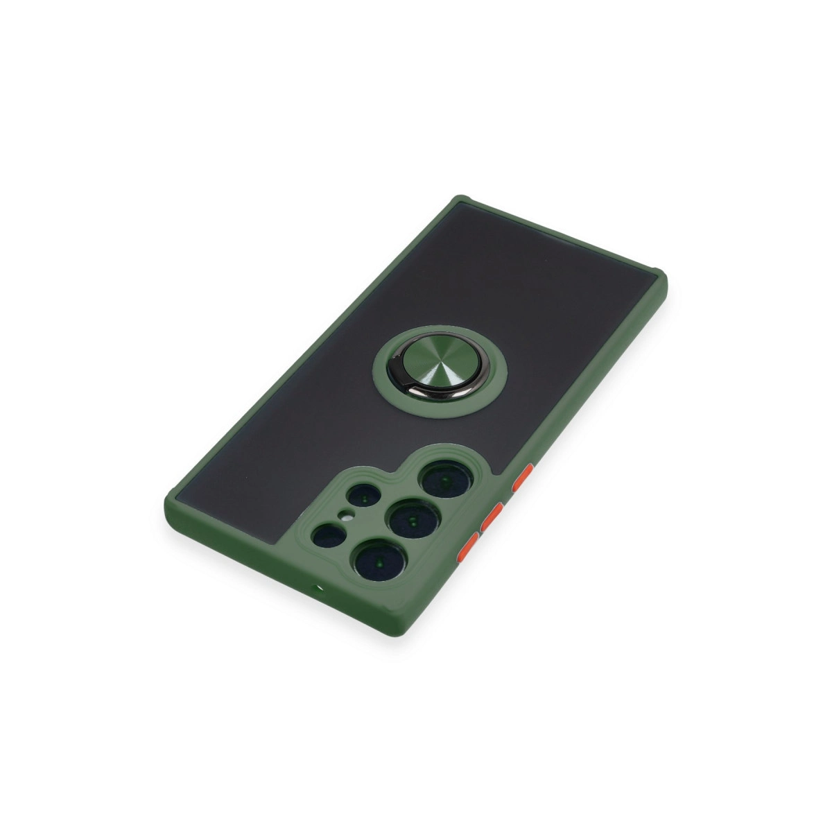 Siyah ek parçalı ve gümüş halka tutuculu koyu yeşil telefon kılıfı.