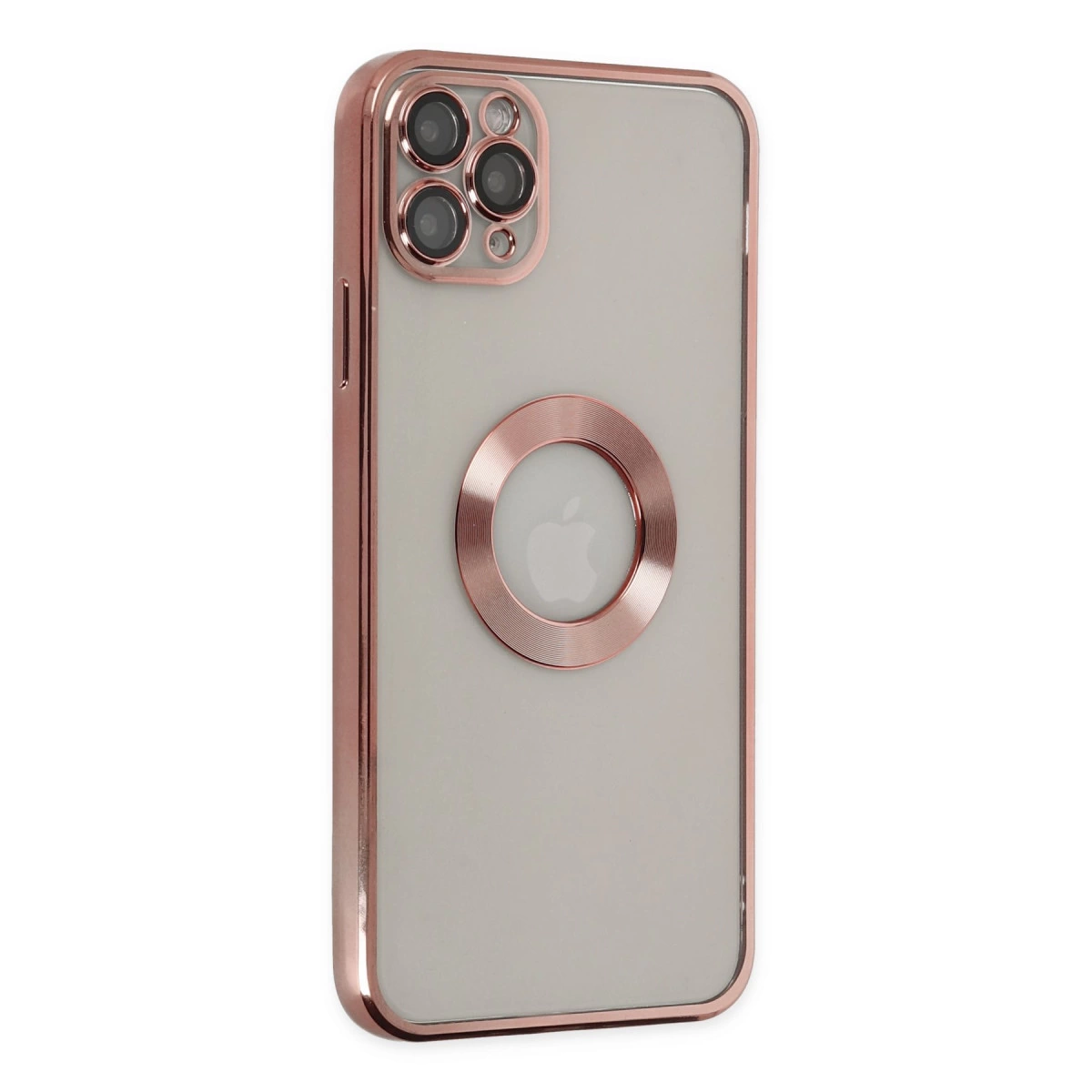Rose altın çerçeveli ve kamera dizili gri telefon kılıfı.