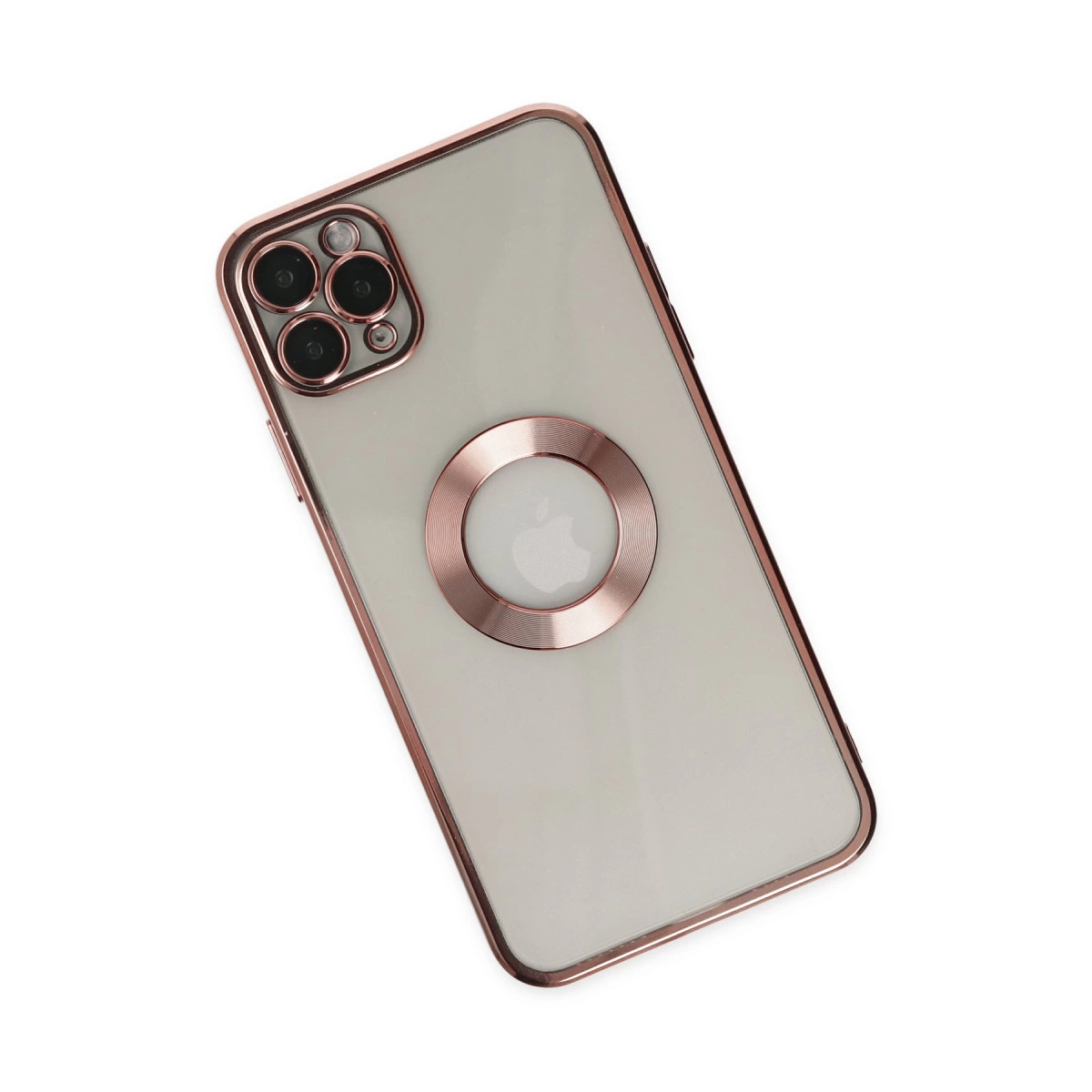 Dört kameralı ve halka tutuculu, rose gold iPhone kılıfı.