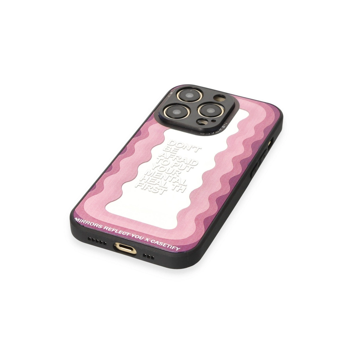 Pembe dalgalı iPhone kılıfı ve metin: Ruh sağlığınızı öncelemeye korkmayın.