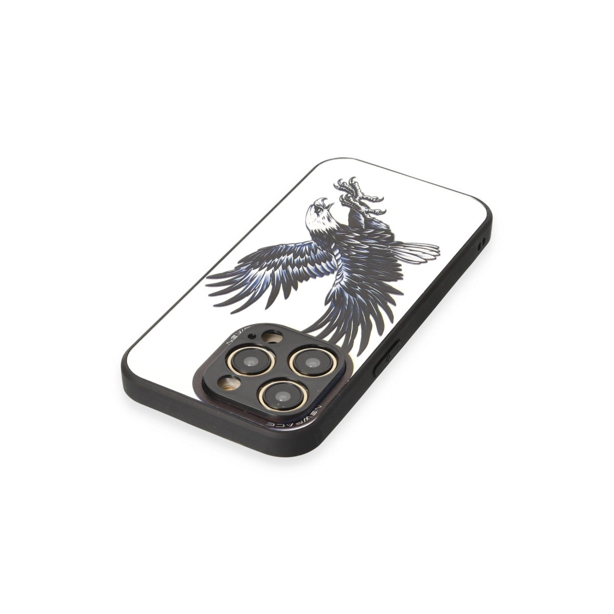 Kartal desenli iPhone kılıfı, siyah çerçeve, beyaz arka.