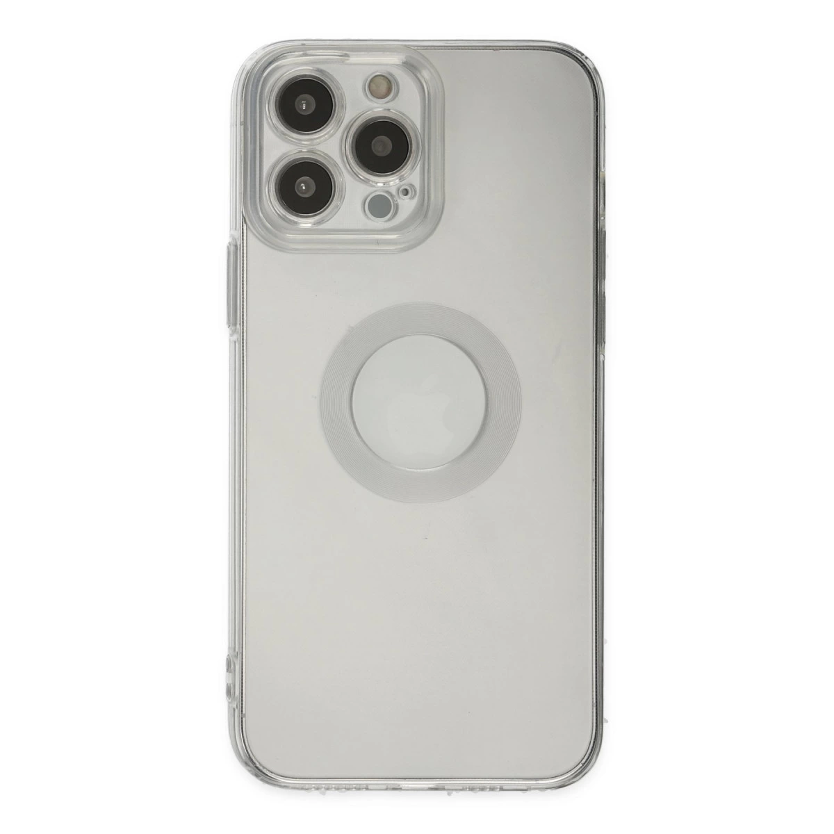 Kamera lens dizisi ve dairesel tasarıma sahip şeffaf telefon kılıfı.