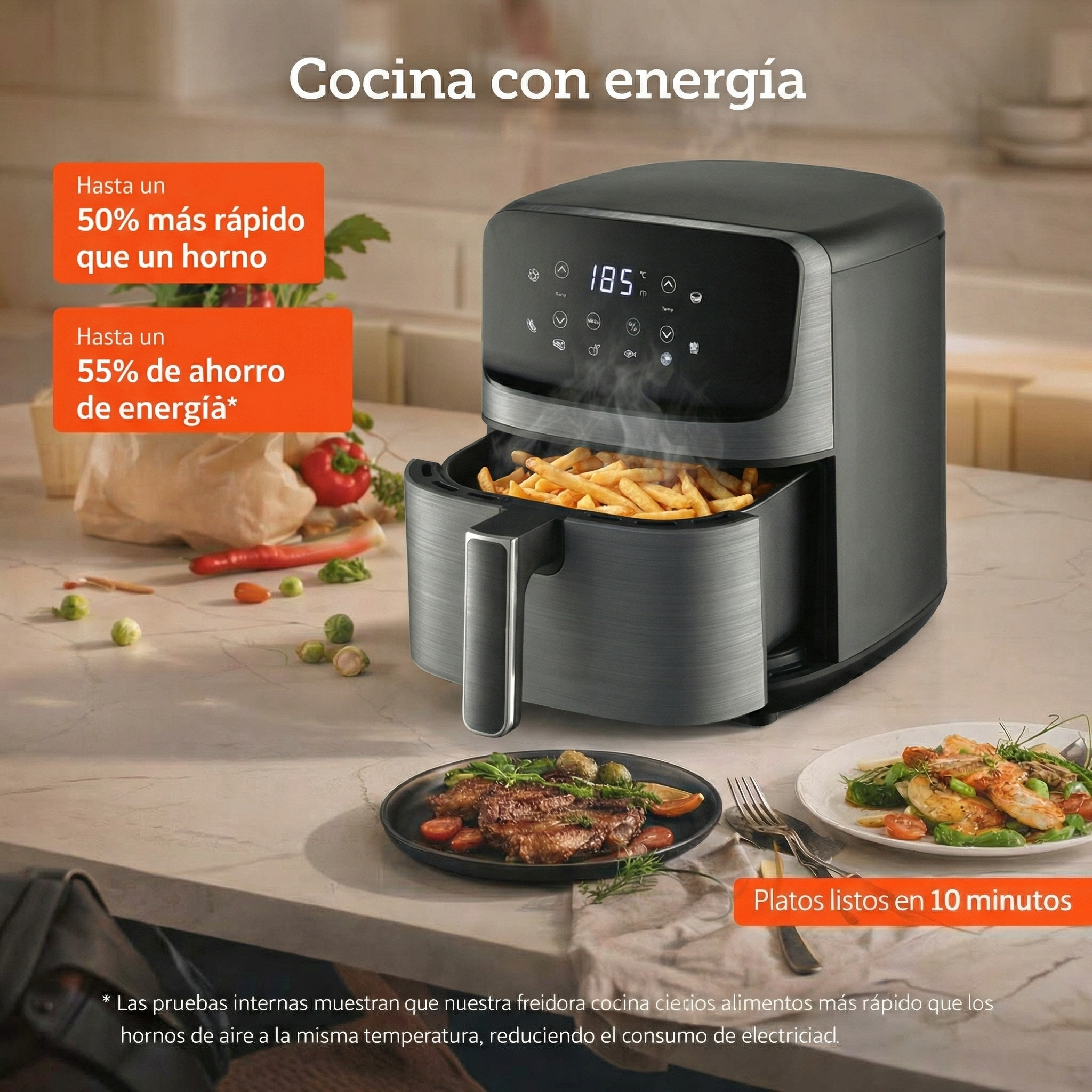 Una freidora de aire oscura con papas fritas y dos platos de comida al lado.