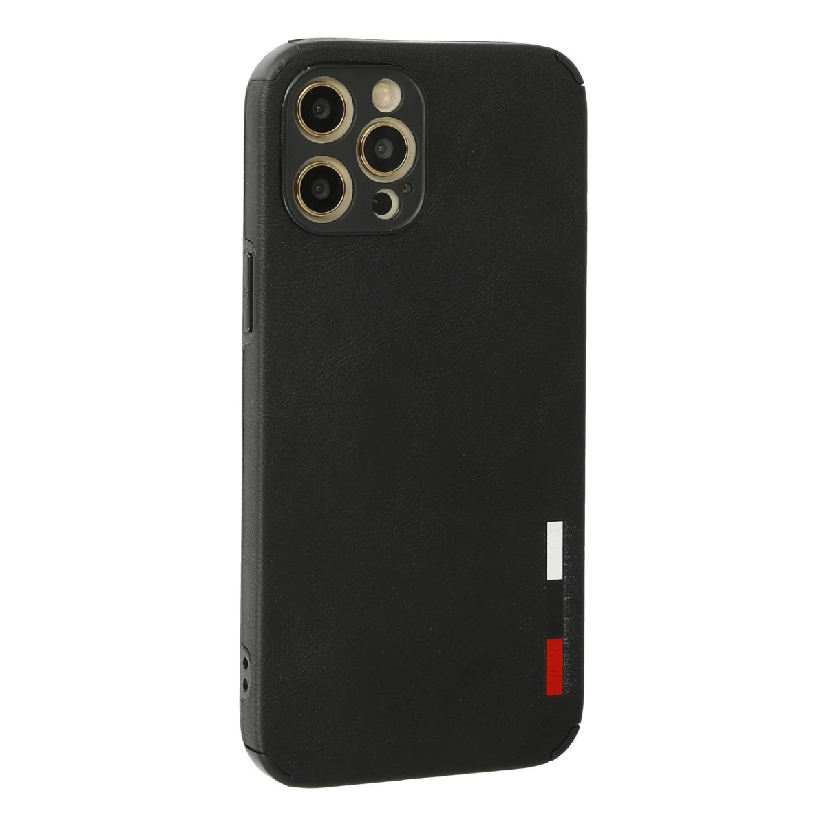 Üçlü kameraya ve kırmızı/beyaz şeritlere sahip siyah telefon kılıfı.