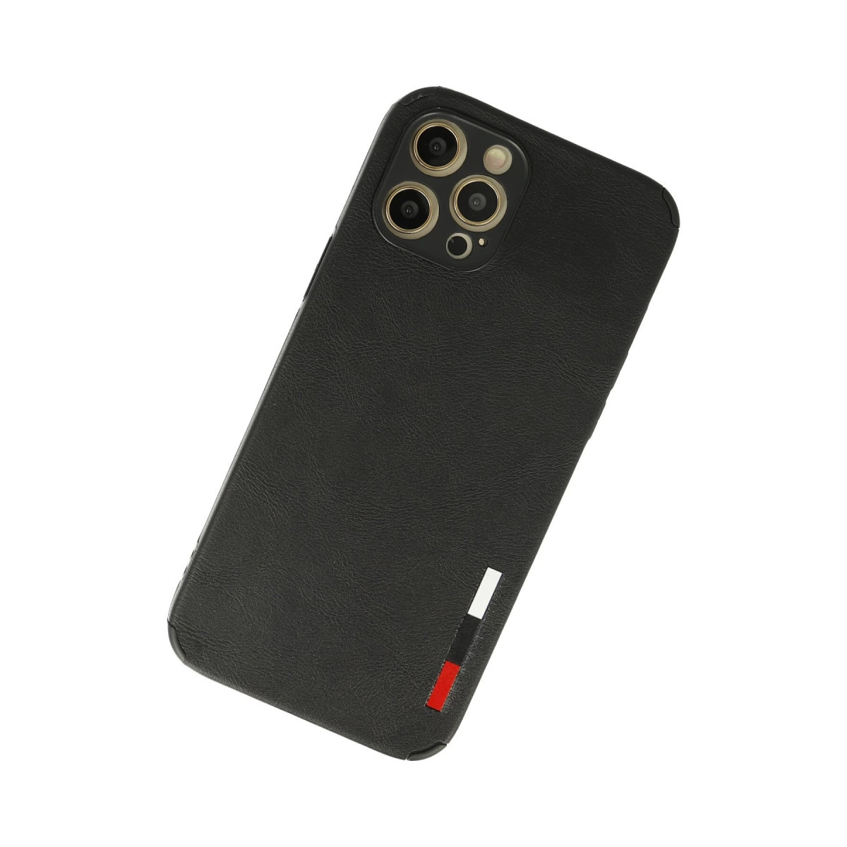 Kamera oyuntulu, üç şeritli siyah telefon kılıfı.