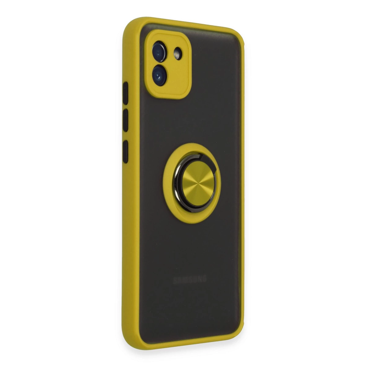 Sarı kenarlı ve halka tutuculu siyah telefon kılıfı.
