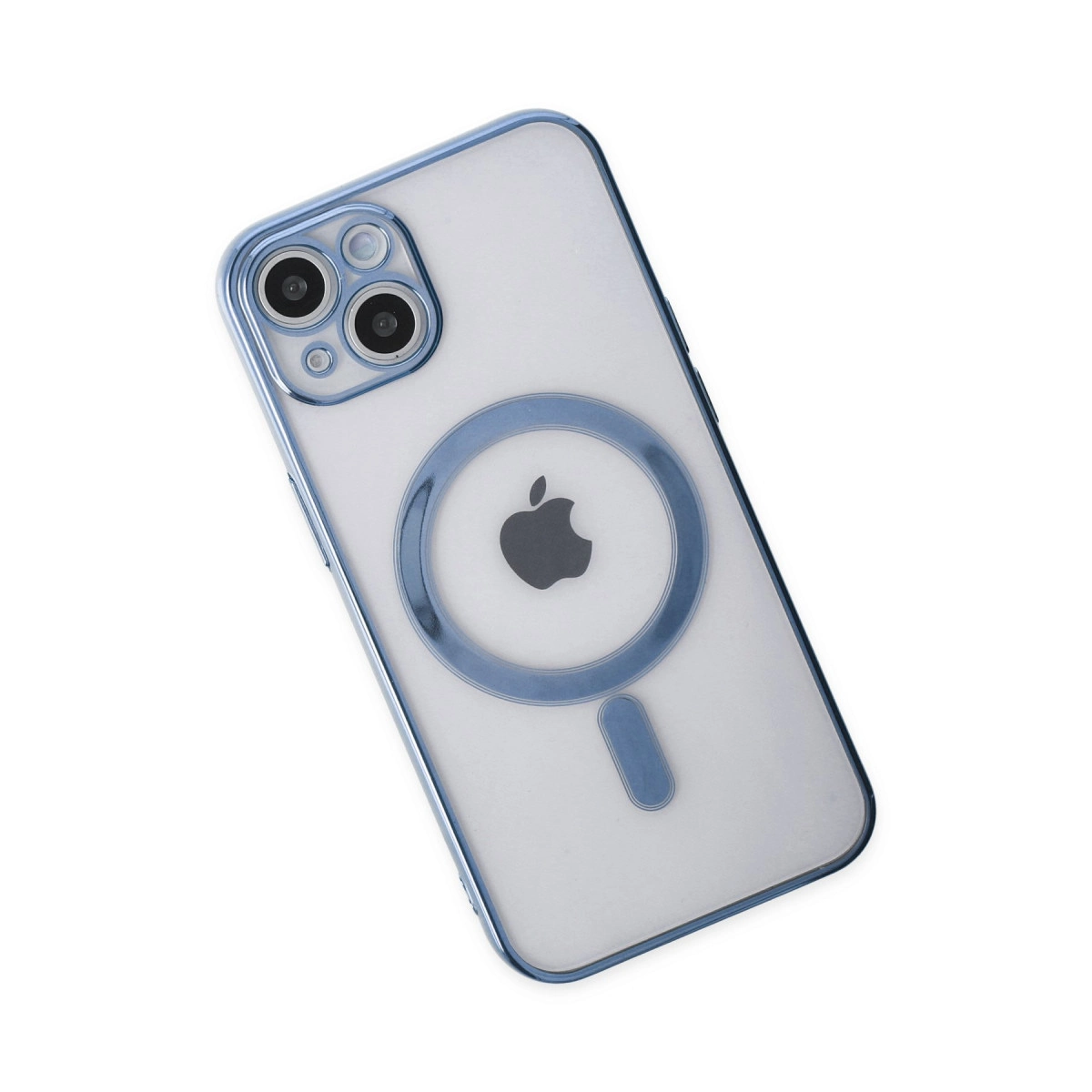 Mavi kenarlı şeffaf iPhone kılıfı ve Apple logosu.