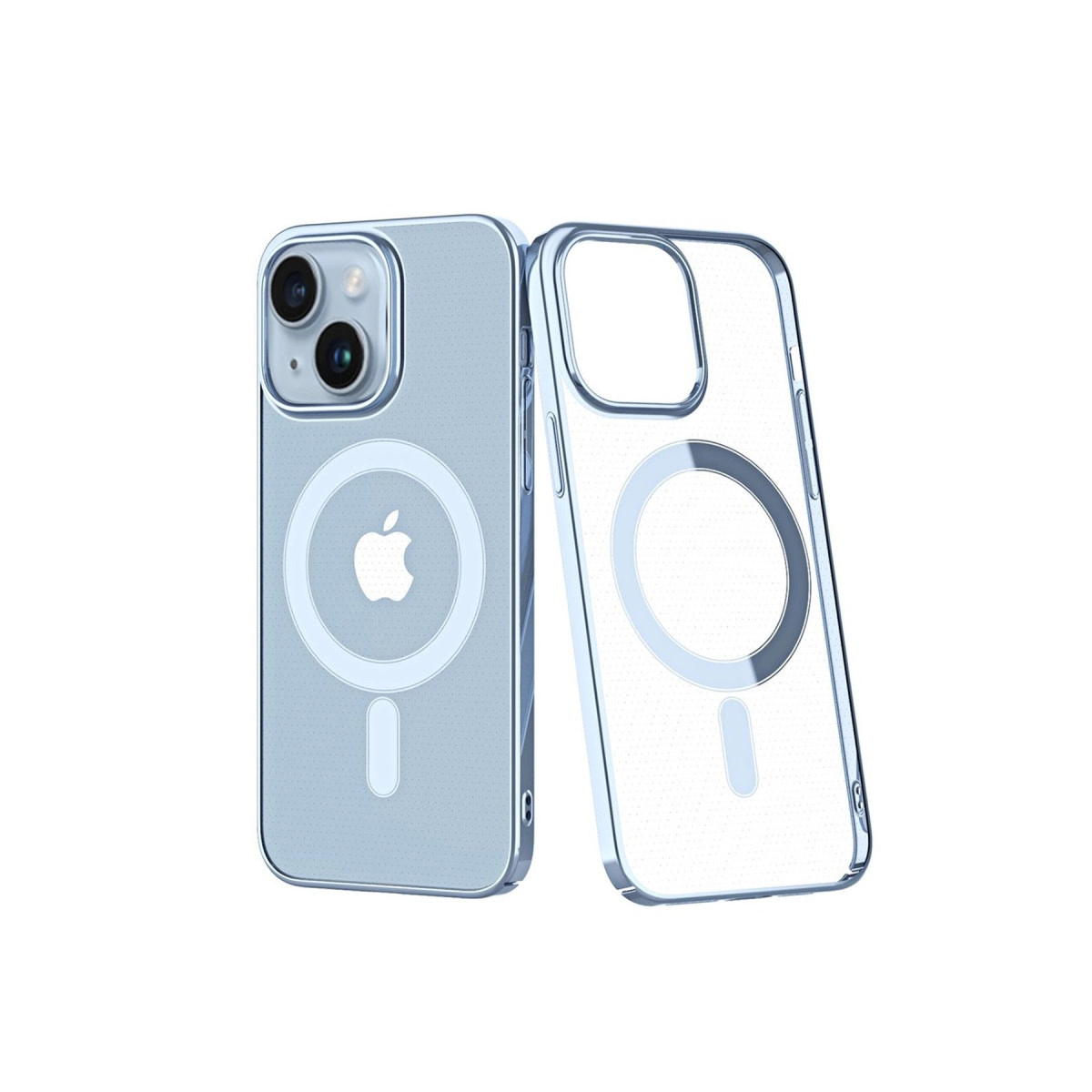 MagSafe halkalı ve Apple logolu iki şeffaf telefon kılıfı.