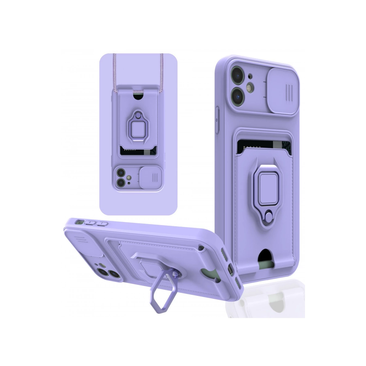 Kart tutuculu, halkalı stantlı ve kamera kapaklı mor telefon kılıfı.