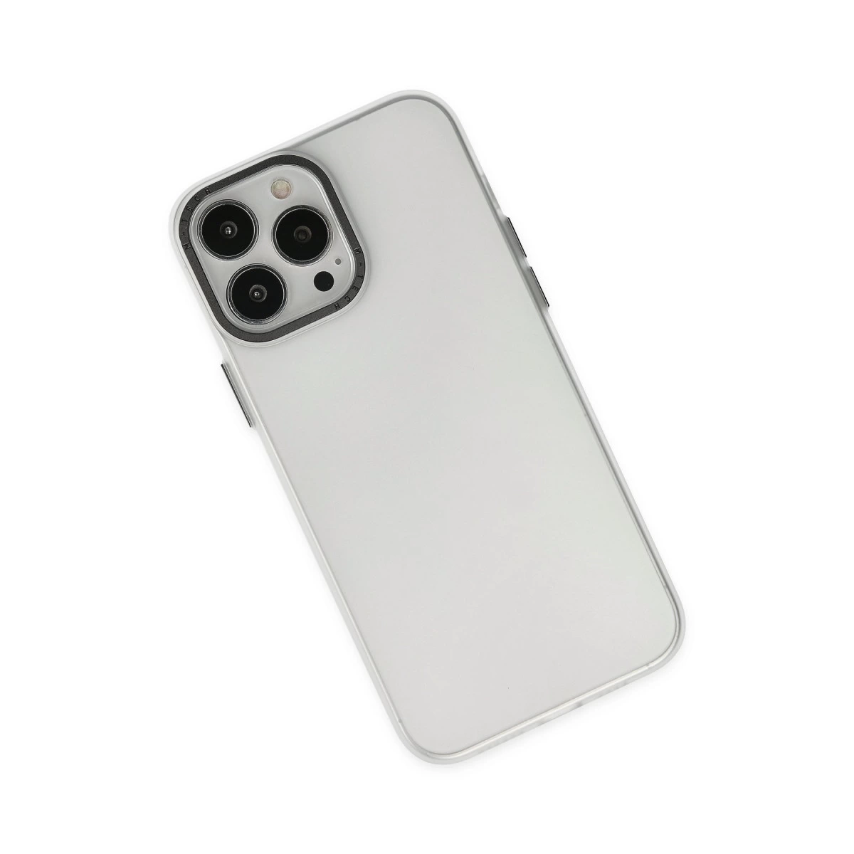 Beyaz arka plan üzerinde şeffaf kılıflı beyaz iPhone.
