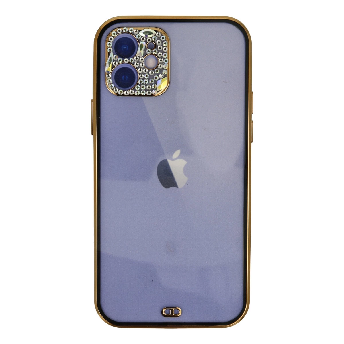 Altın çerçeveli mor iPhone arka yüzü, kamera çevresinde taşlarla süslenmiş.