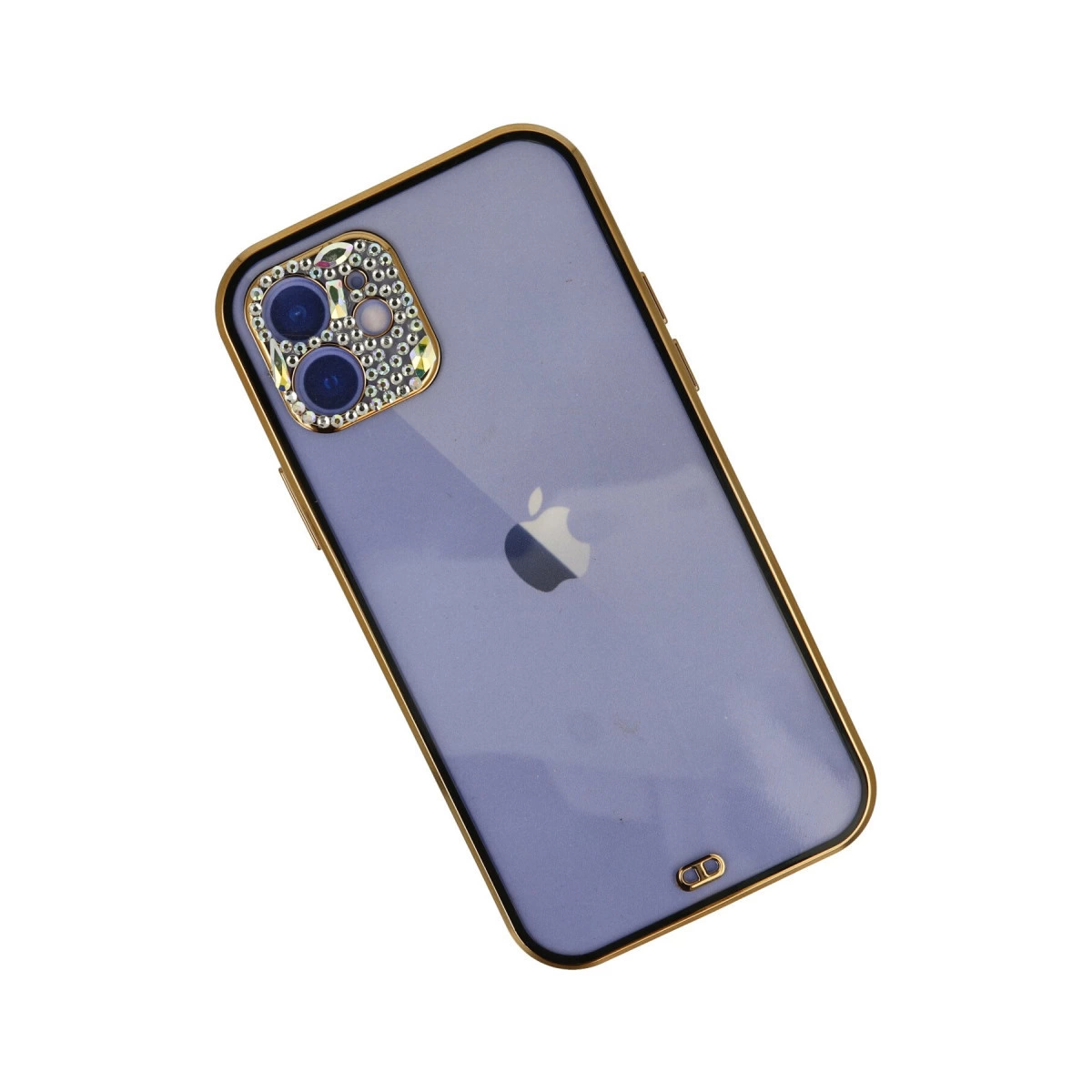 Altın kenarlı, kristal süslemeli kamera modülüne sahip mor iPhone.