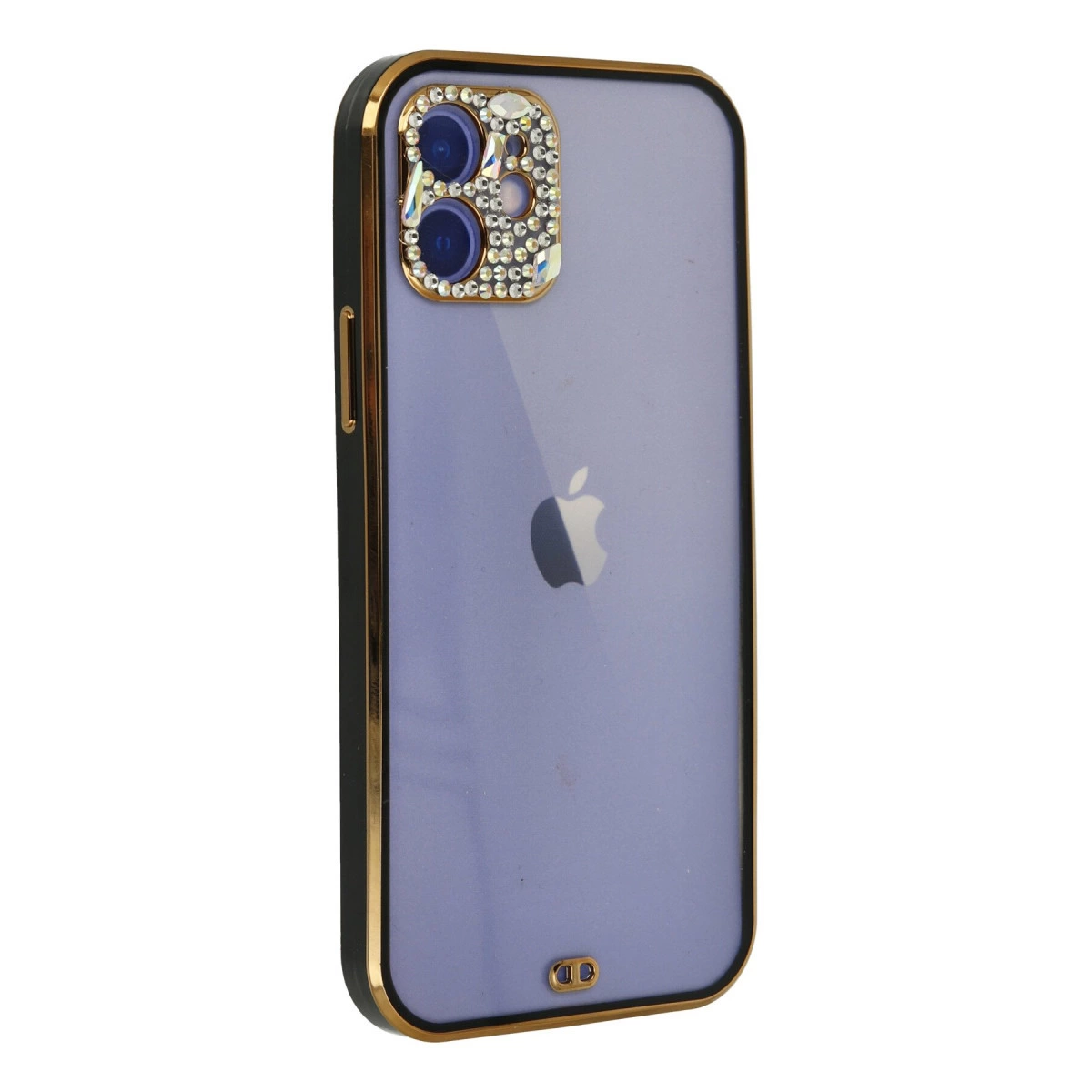 Altın kenarlı mor iPhone kılıfı, kamera çevresi taşlarla süslü.