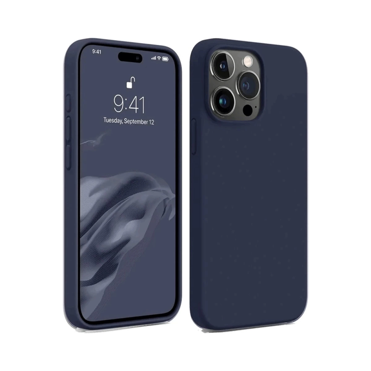 Kılıflı lacivert iPhone, beyaz arka plan üzerinde ön ve arka görünüm.