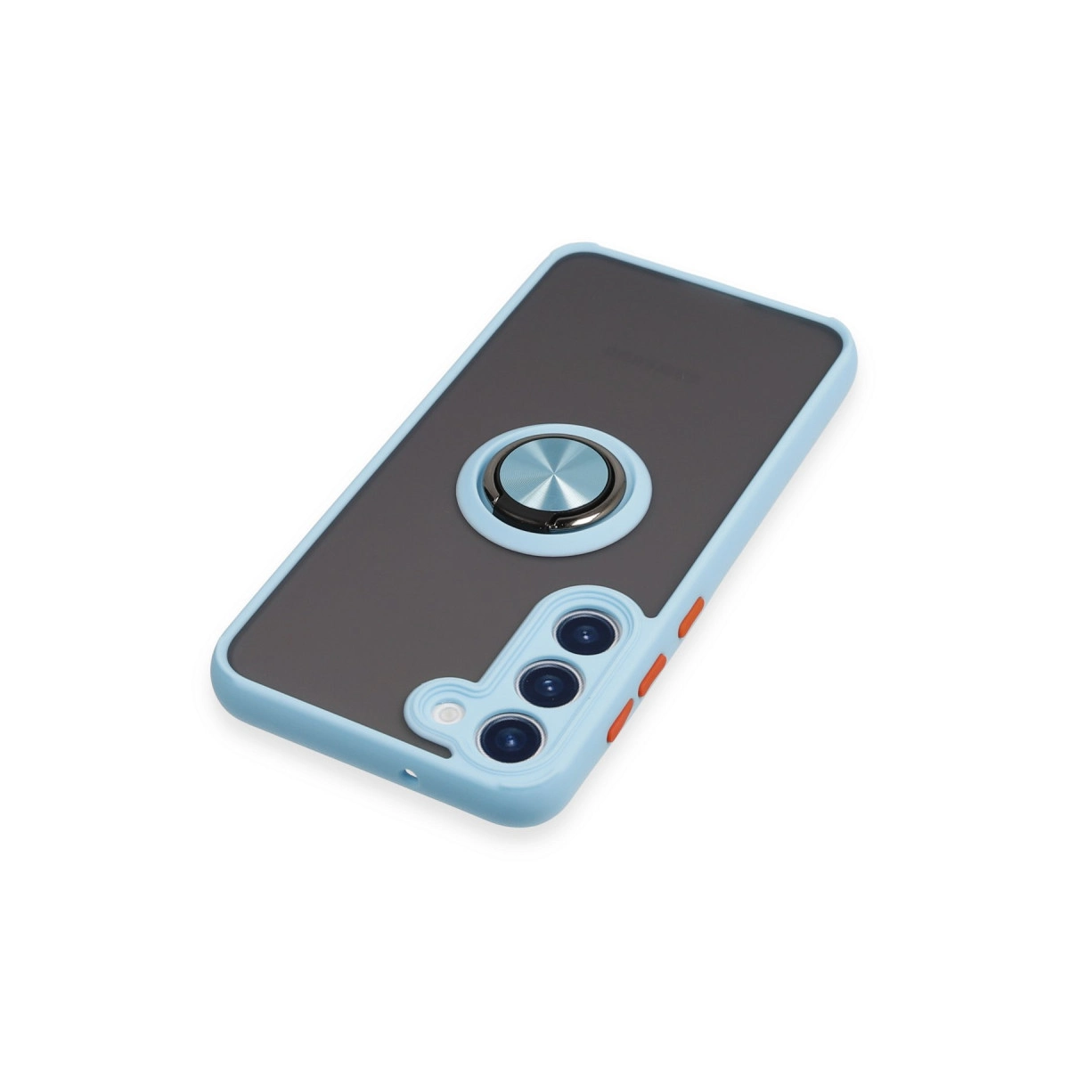 Koyu gri arka ve gümüş halka tutuculu açık mavi telefon kılıfı.