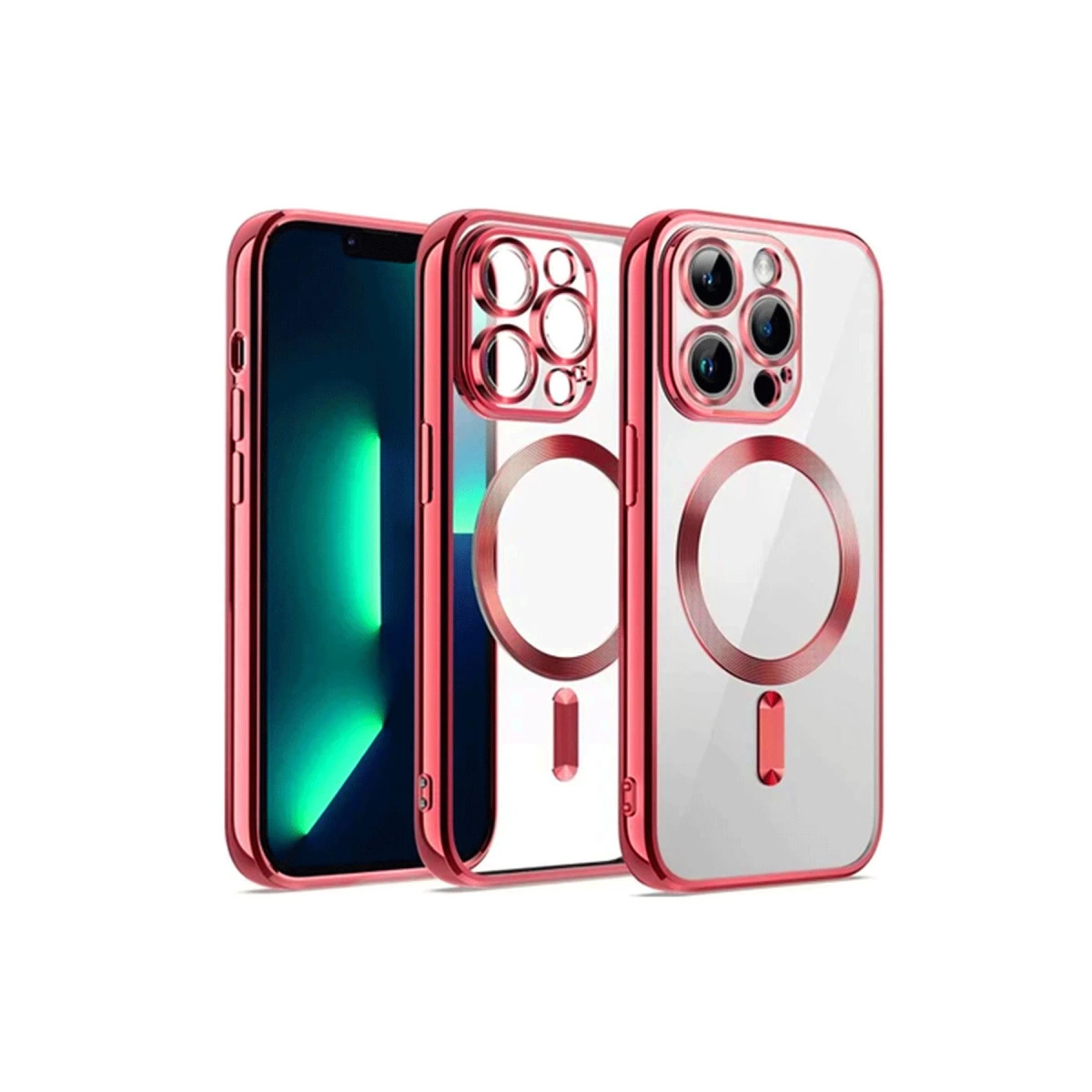 Şeffaf arkalı ve kamera kubbelerli üç kırmızı kenarlı iPhone kılıfı.