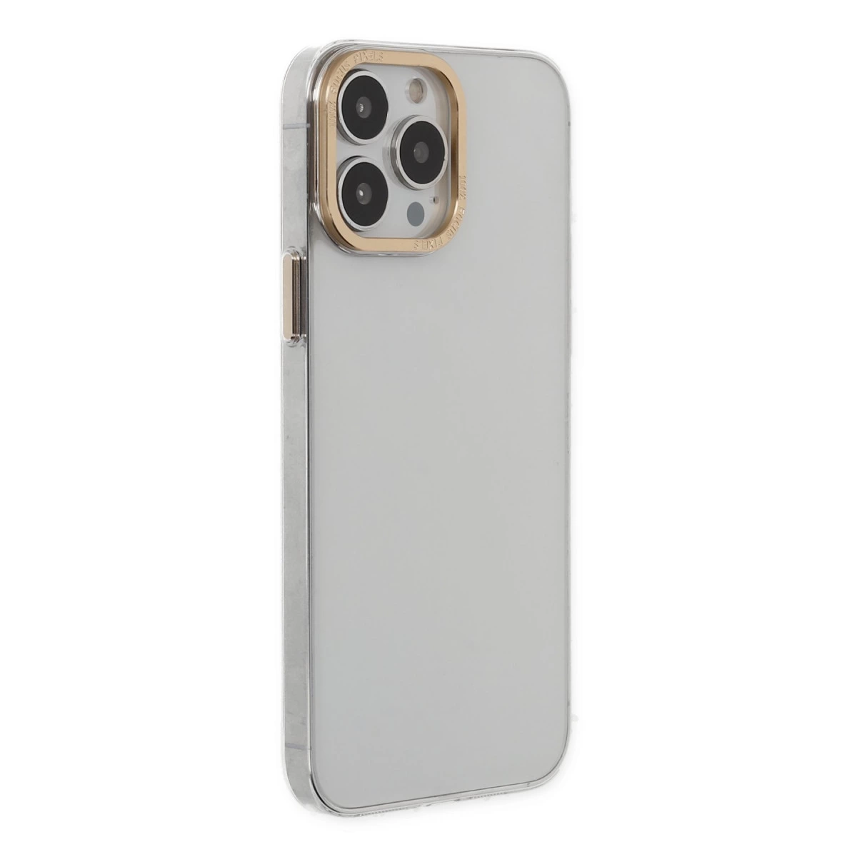 Altın kamera çerçeveli, şeffaf telefon kılıfı ve üç lens.