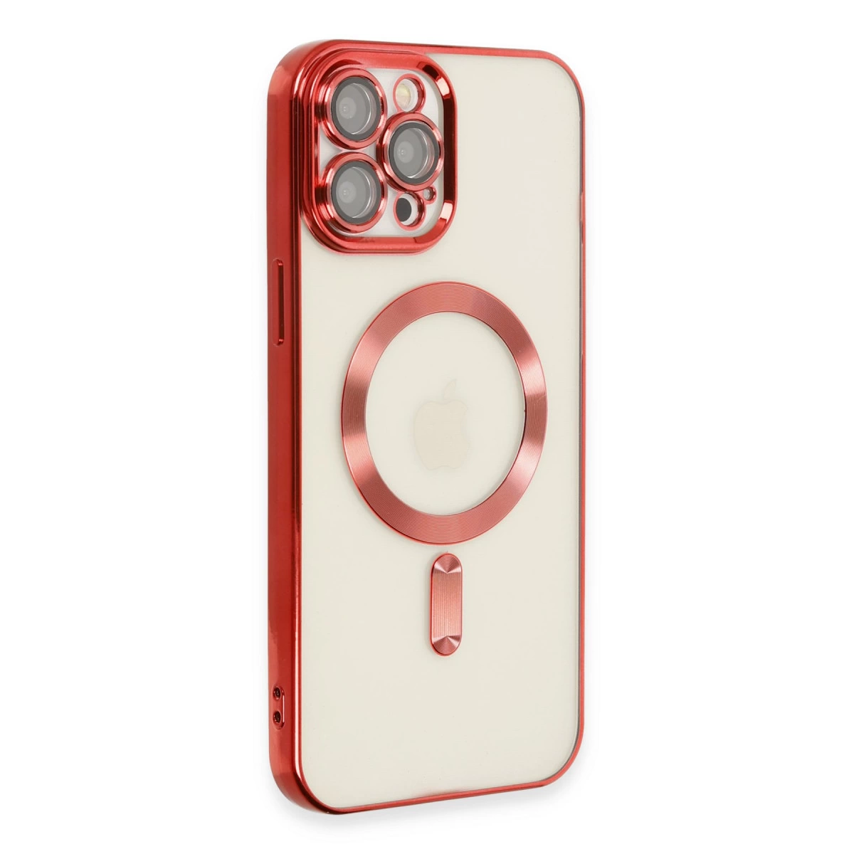 Kamera lensleri ve Apple logosu olan kırmızı telefon kılıfı.