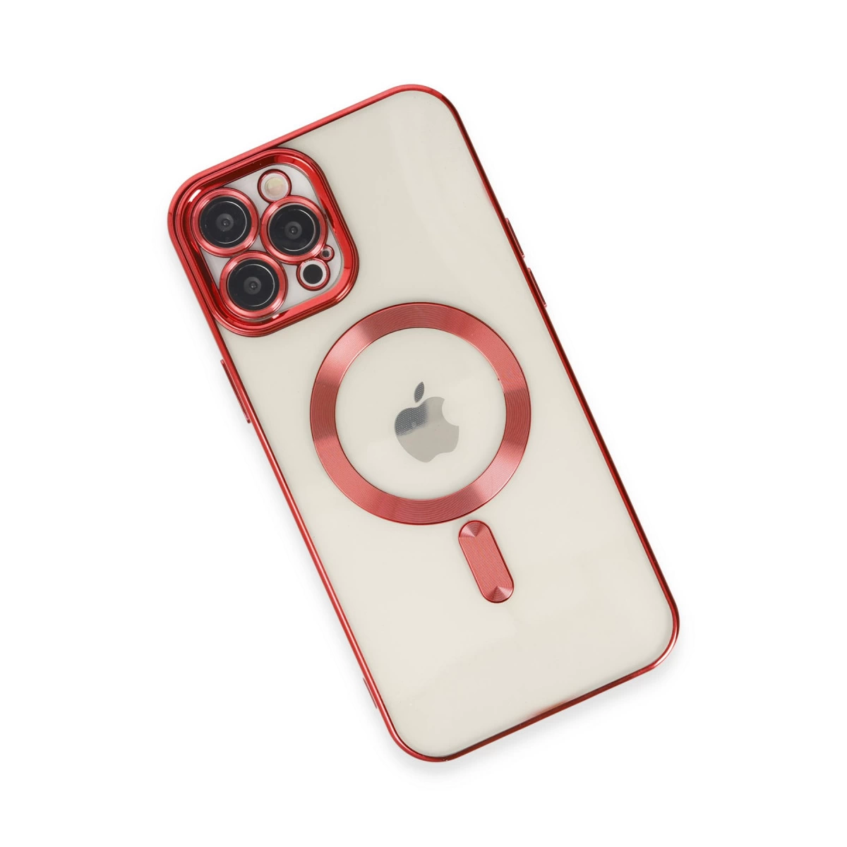 Kırmızı çerçeveli ve kamera koruyuculu şeffaf iPhone kılıfı.