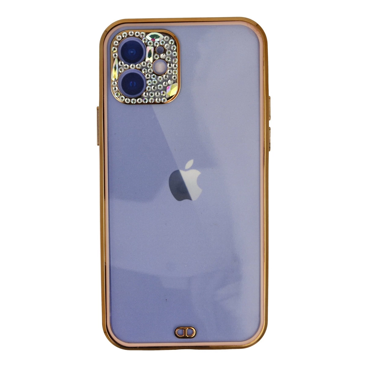 Altın kenarlı, taşlı kamera çerçeveli mor iPhone.