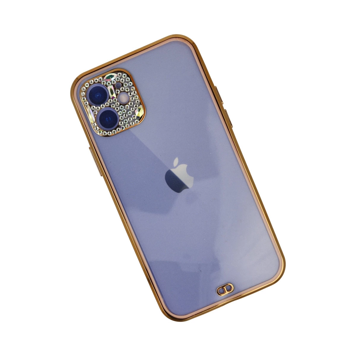 Altın kenarlı ve etrafında taşlar bulunan mor iPhone kılıfı.