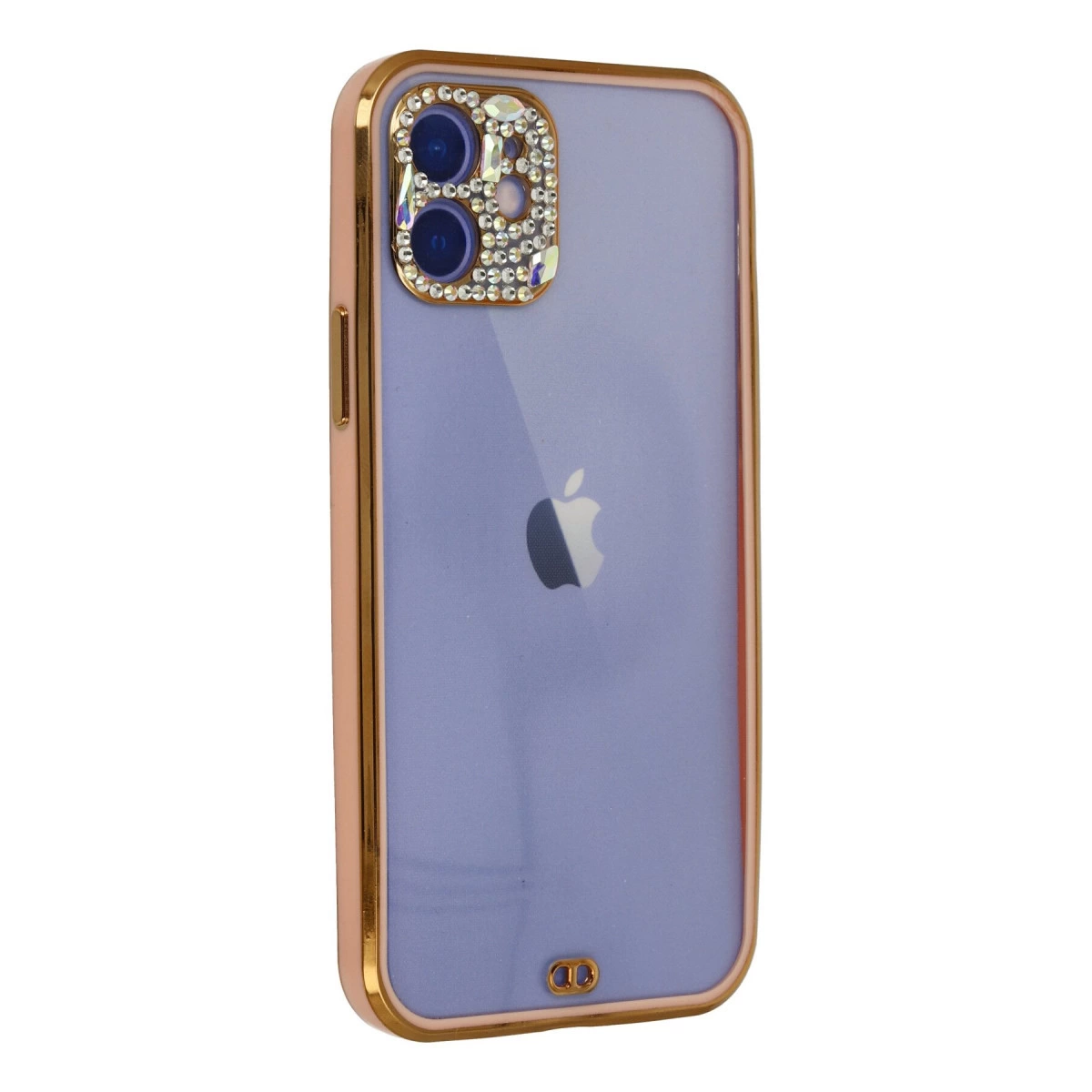 Kameraların etrafında taşlarla süslü, altın kenarlı mor iPhone kılıfı.