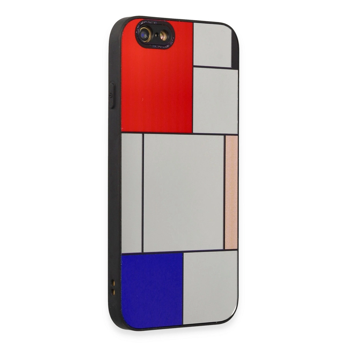 Kırmızı, gri, mavi ve siyah Mondrian tarzı desenli iPhone kılıfı.