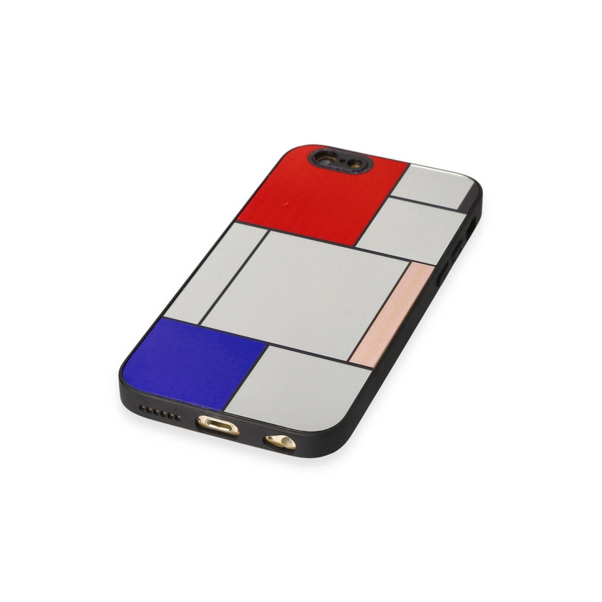 Kırmızı, mavi ve gri geometrik desenli bir iPhone kılıfı.