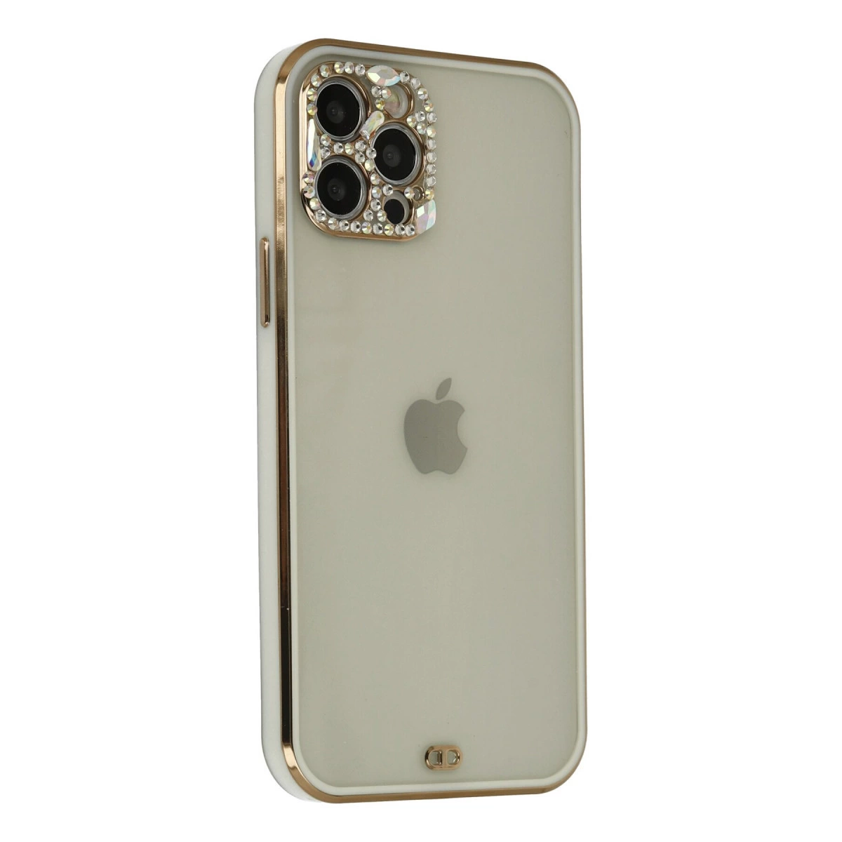 Kamera çevresi taşlarla süslenmiş telefon kılıfı, arkada Apple logosu.