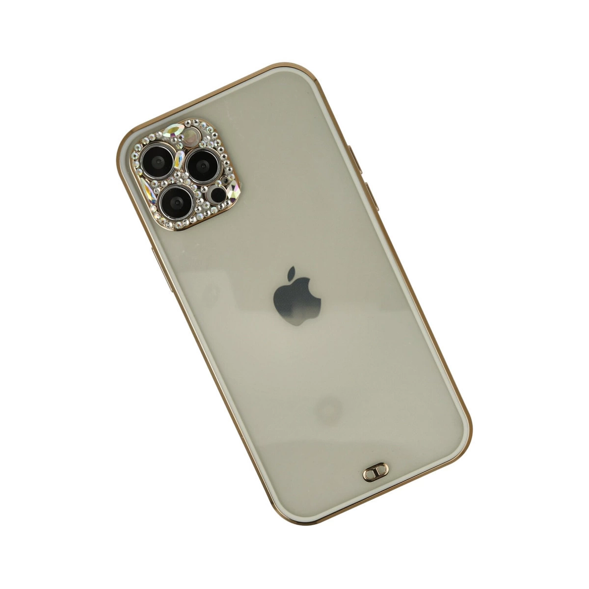 Dört kameralı, taşlı, altın kenarlı iPhone.