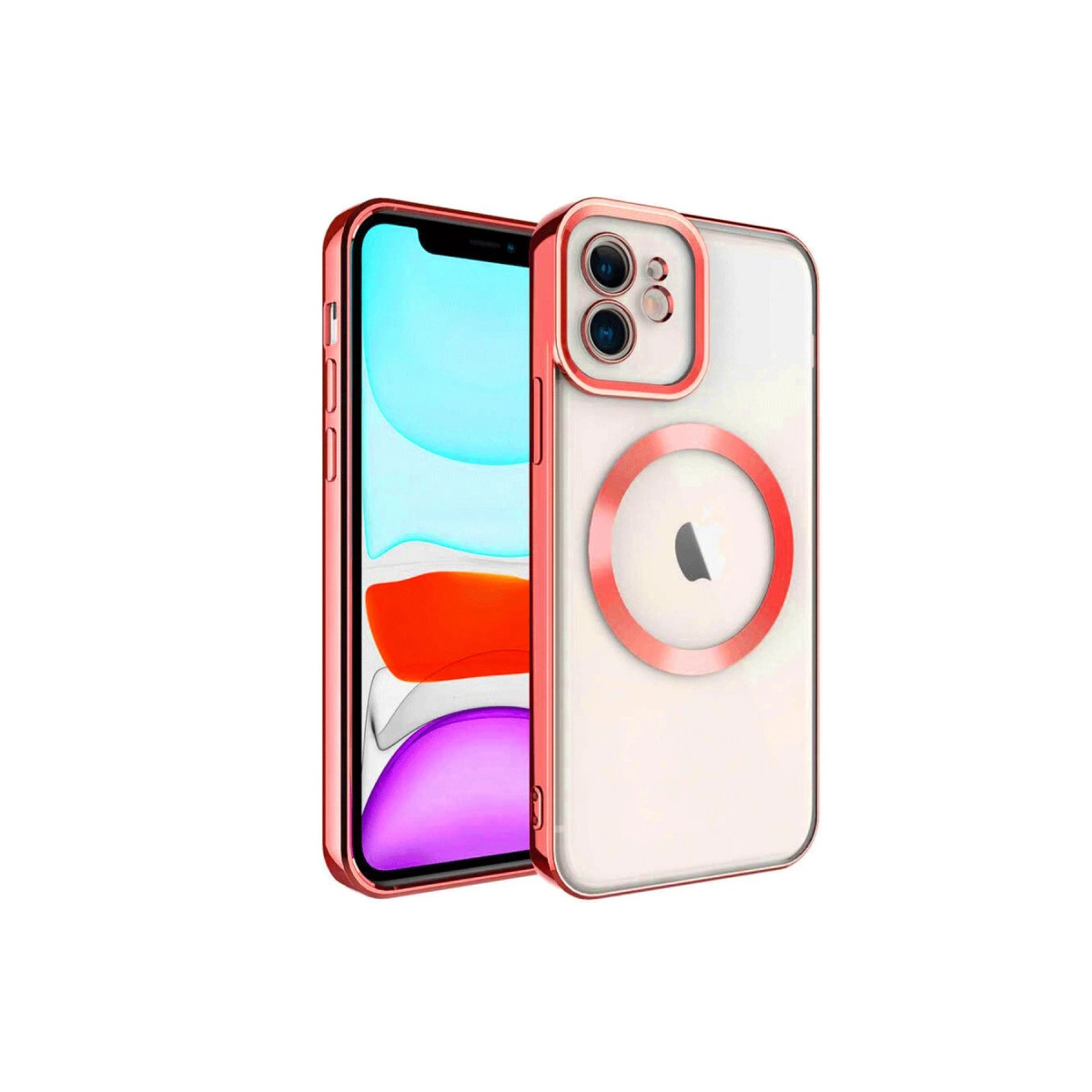 Şeffaf kasalı, çift kameralı ve manyetik halkalı gül altın rengi iPhone.