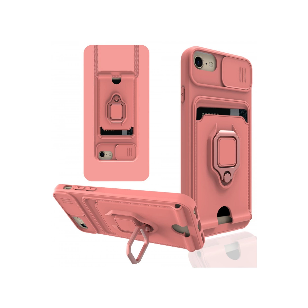 Kart tutucu, halka ve stantlı pembe telefon kılıfı.