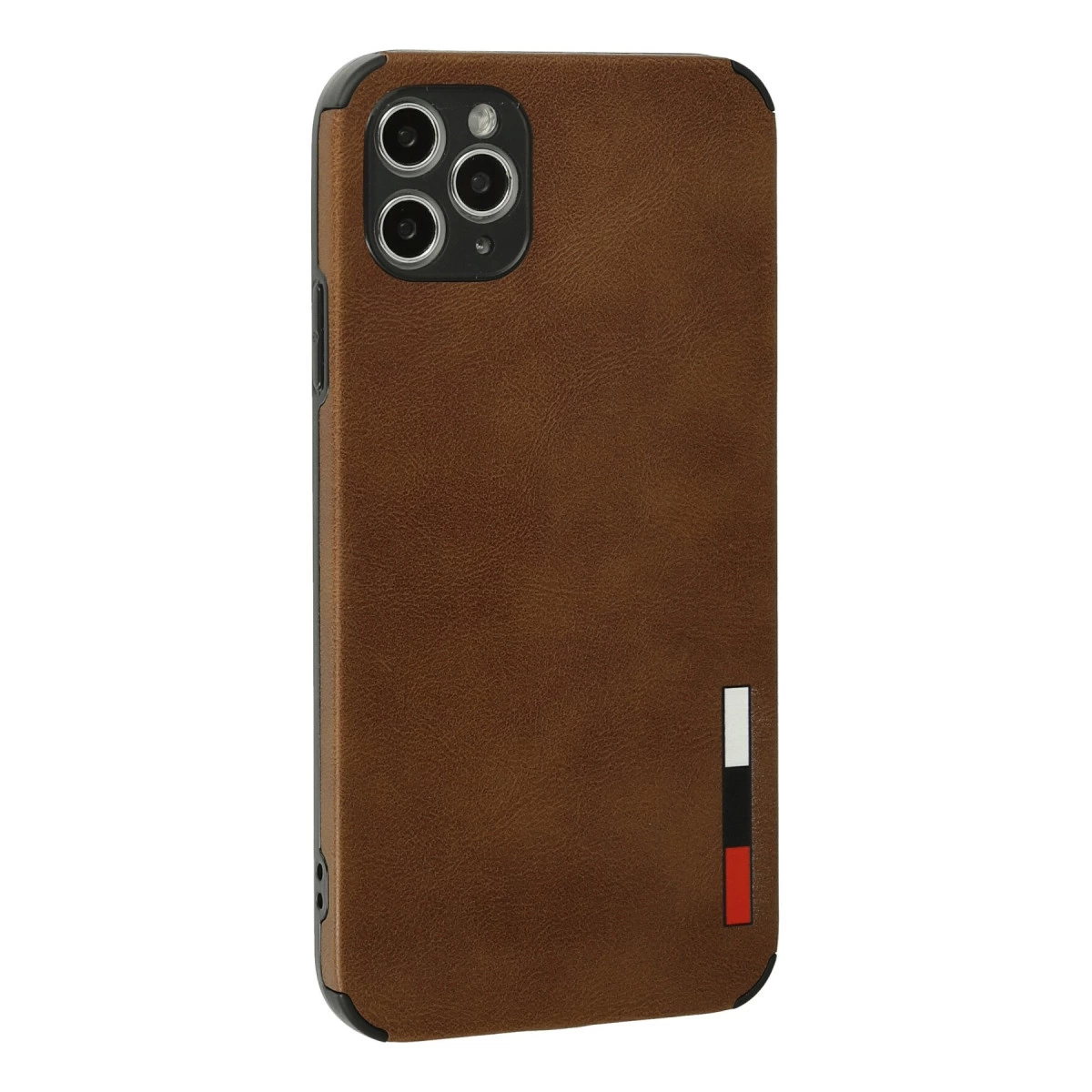 Üç kameralı, çizgili kahverengi telefon kılıfı.