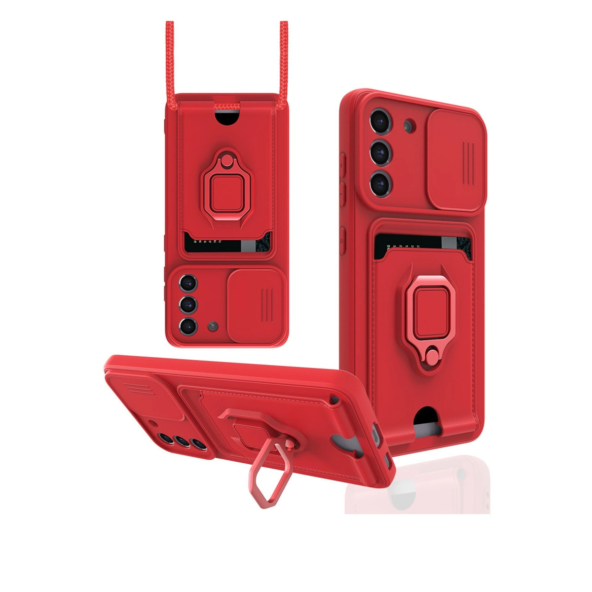 Kart yuvalı, halka tutuculu ve kayar kamera kapaklı kırmızı telefon kılıfı.