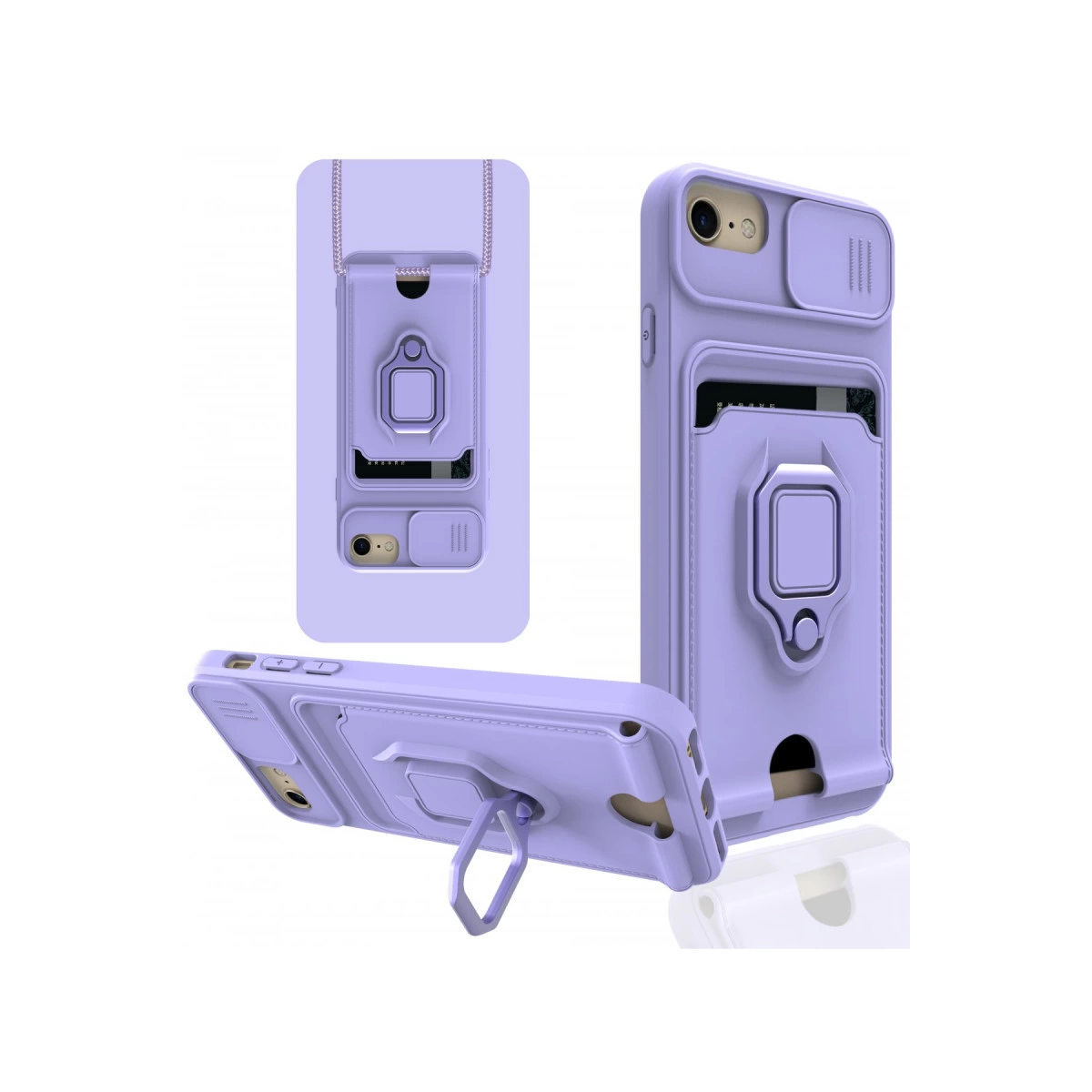 Kart tutuculu, halka tutuculu ve stantlı lavanta rengi telefon kılıfı.