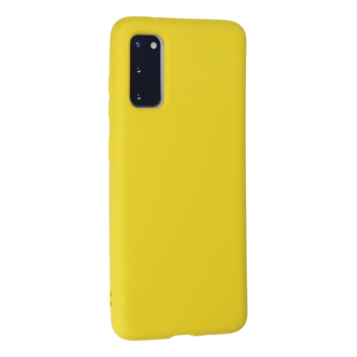 Arkada siyah kamera modülüne sahip sarı telefon kılıfı.